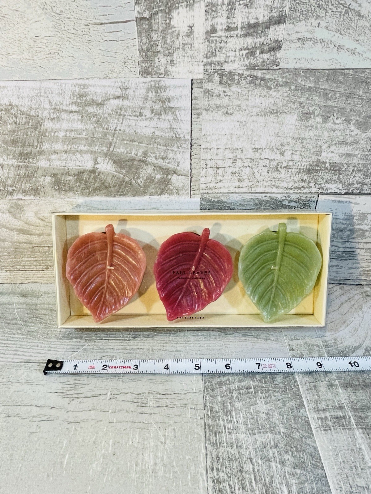 Pottery Barn Box Of 3 Fall Leaves Floating Candles NEW In Box Holidays Colorful