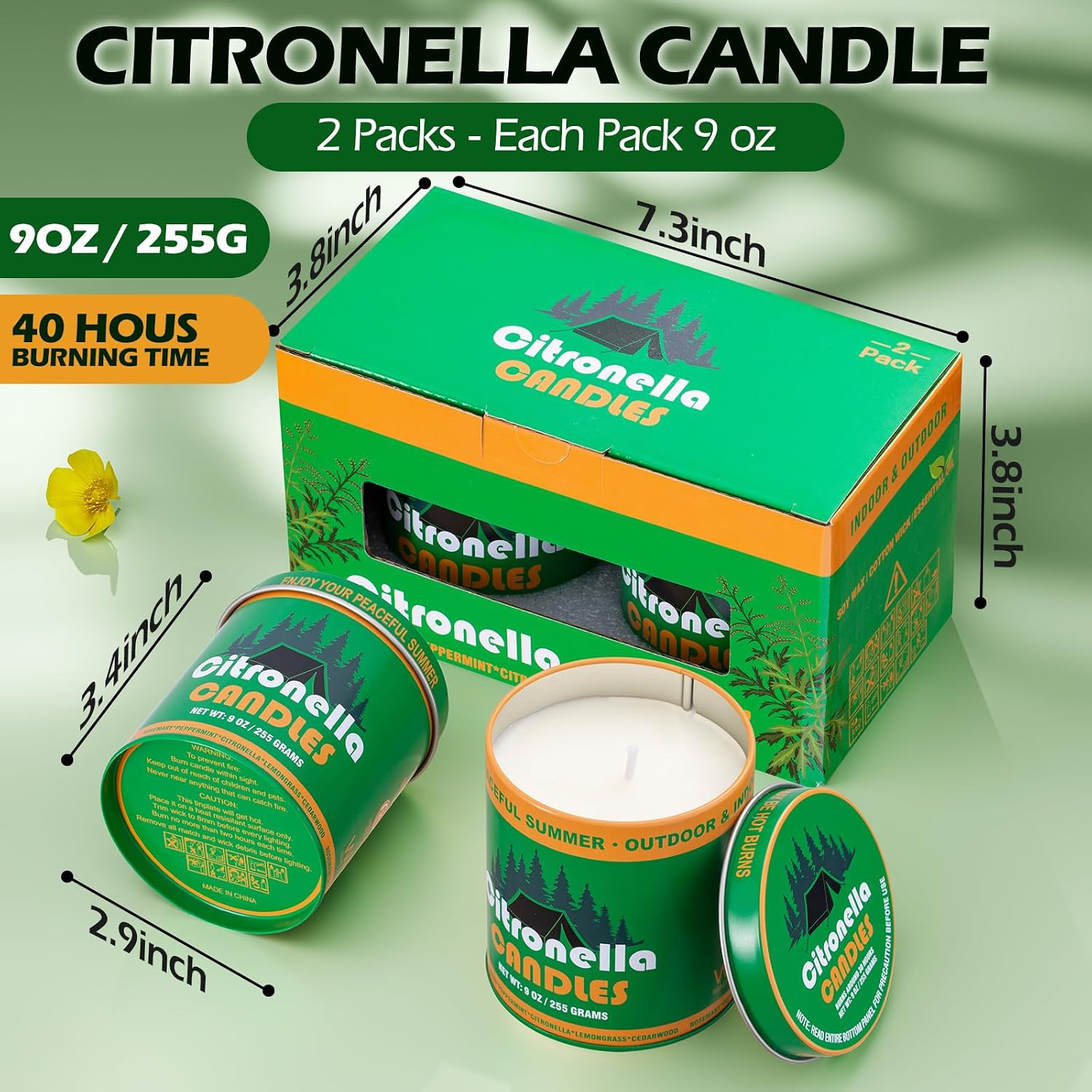 Citronella Scented Candles for Patio Outdoor, 2 Pack 9Oz Soy Wax Candles with Na