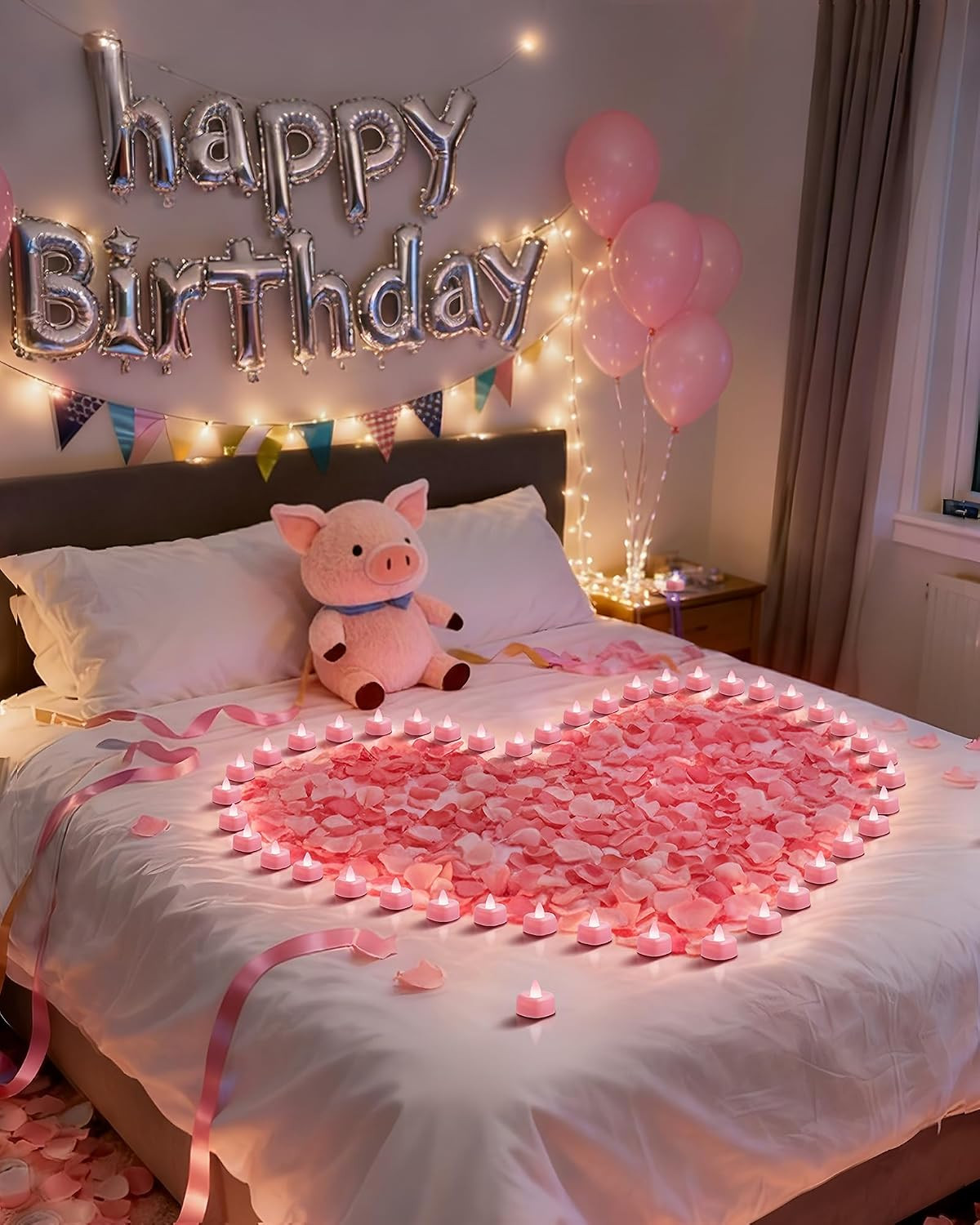 1000 Pieces Pink Artificial Rose Petals with 12 Pink Heart LED Tea