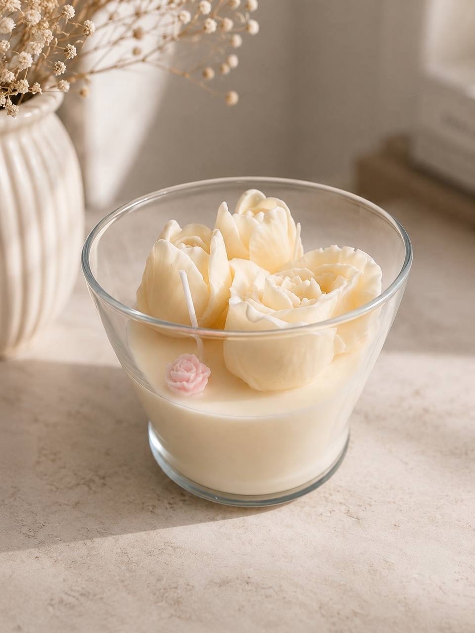 Handmade White Rose Soy Wax Candle in Glass – Floral Scented Candle