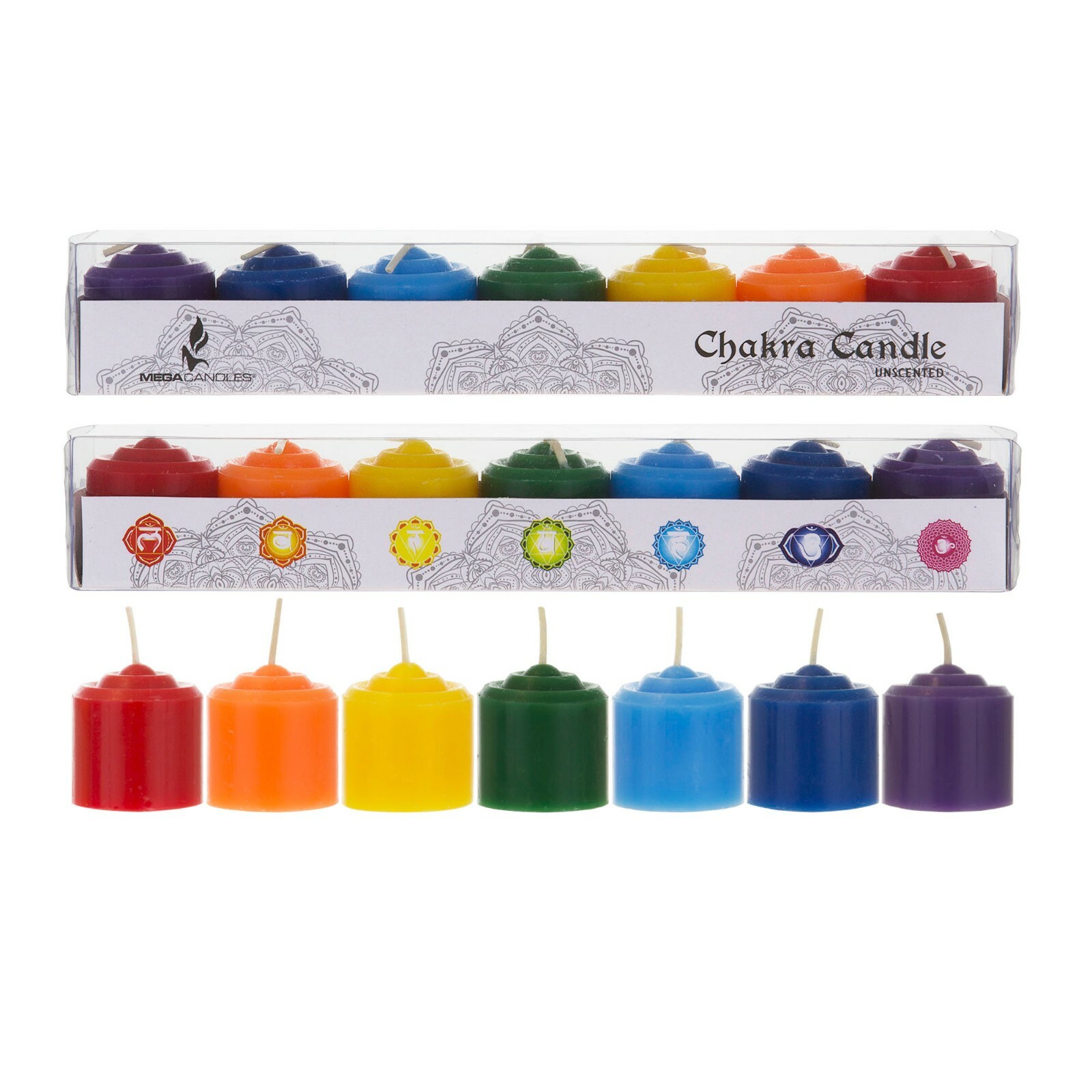 Mega Candles – Unscented 10 Hours Chakra Votive Candles – Set of 7 CGA168-Asst