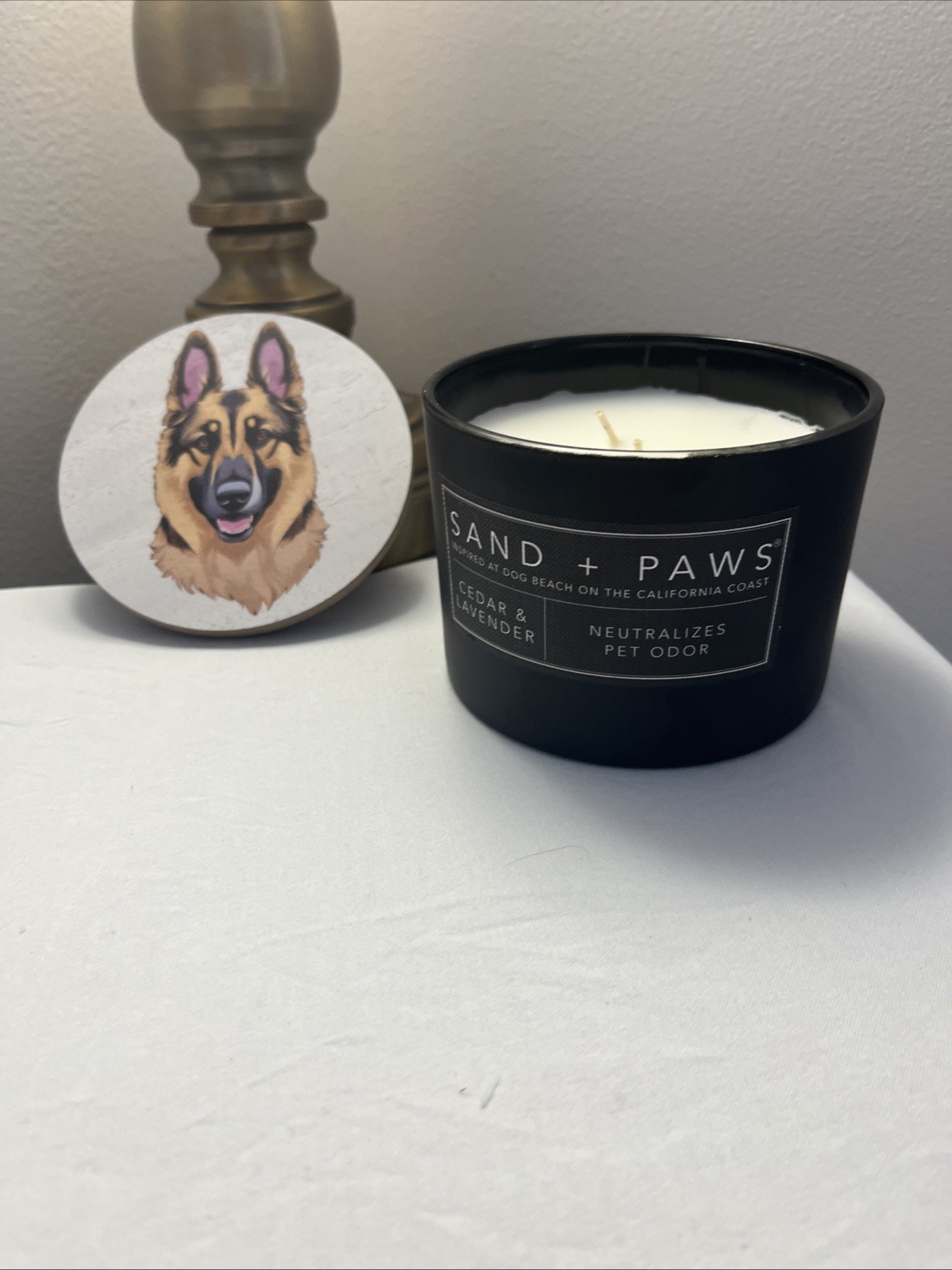 German Shepard Candle Cedar & Lavender Scented 12 oz Black Jar, Sand + Paws NEW