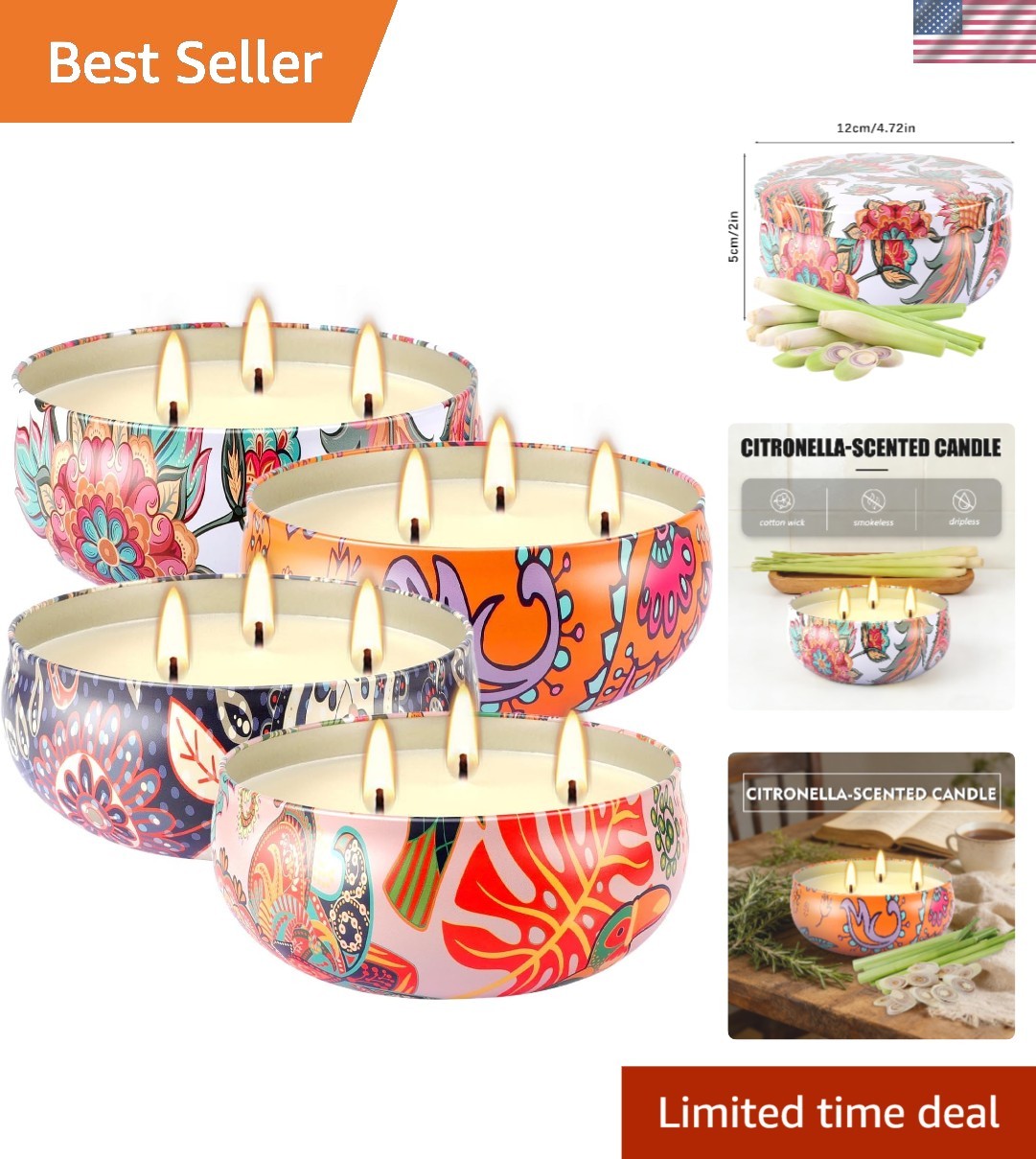 Large Citronella Scented Candle – 3 Wick Indoor & Outdoor Boho Decor Essential