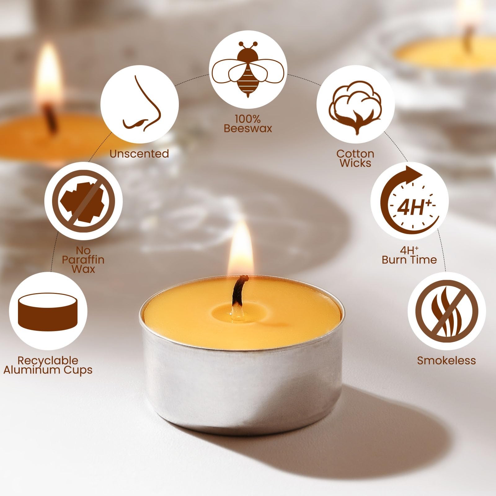 50Pack Pure Beeswax Tealight Candles in Aluminum Cups 45 Hour Burn Time, Lea…