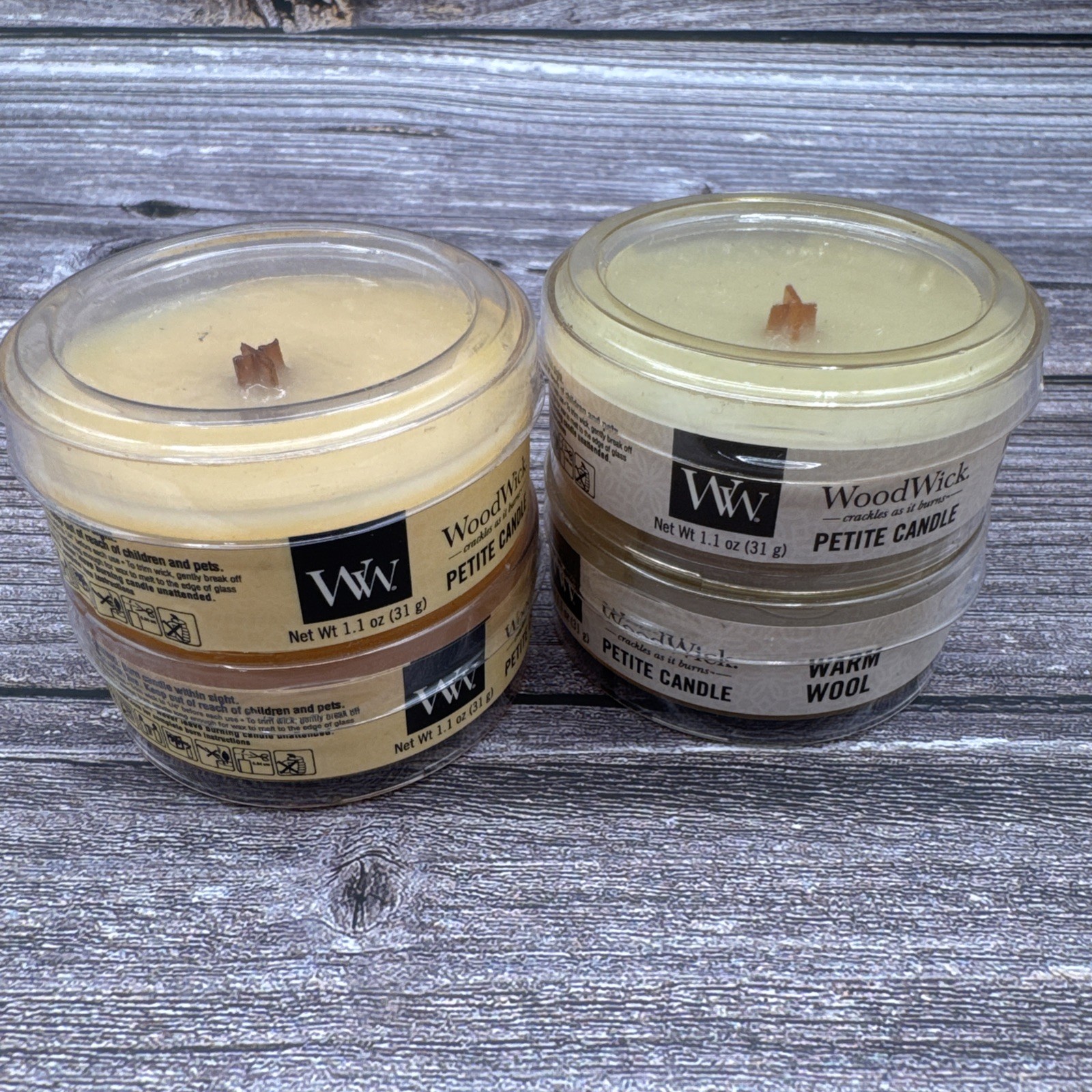 WoodWick Petite Candle Lot Of 4 Crackling Wooden Wick 1.1 oz Each Cream Tan
