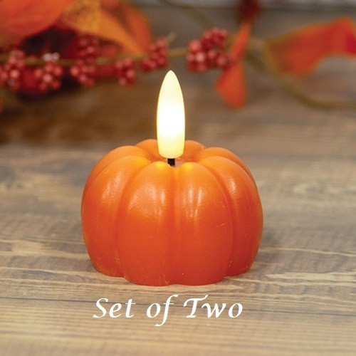NEW Primitive PUMPKIN LED CANDLES 2 pcs HALLOWEN FALL 2.5″Tx2.5″D Small Orange