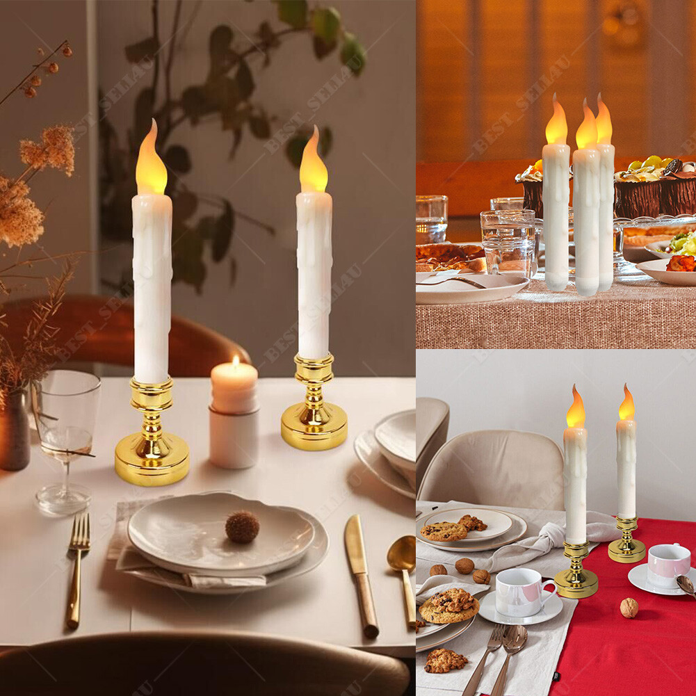 6Pcs LED Flickering Flameless Taper Candles Battery Operated with Candle Holders