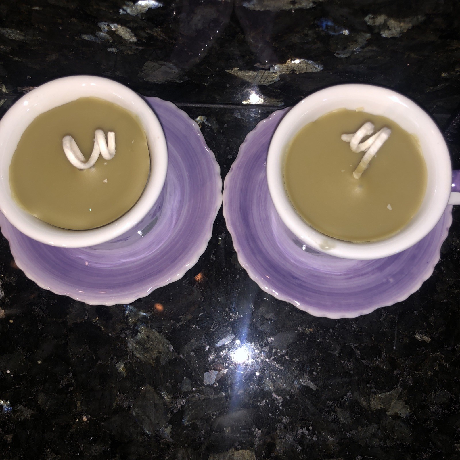 Set of 2 Handmade Mini Porcelain Antique Teacups Candles Purple Violets Pansies