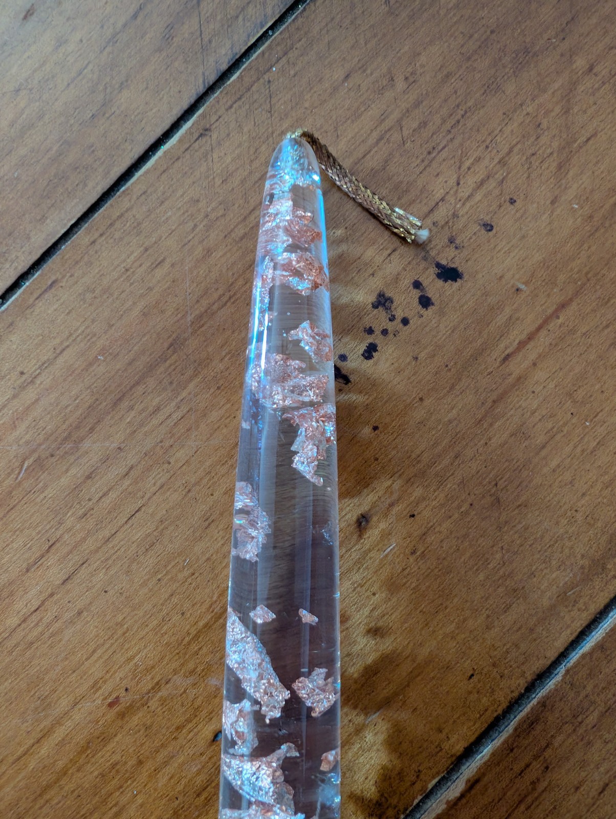 Vintage Mid Century Modern Lucite 11.6″ Candle Clear w/ Copper Flecks Foil