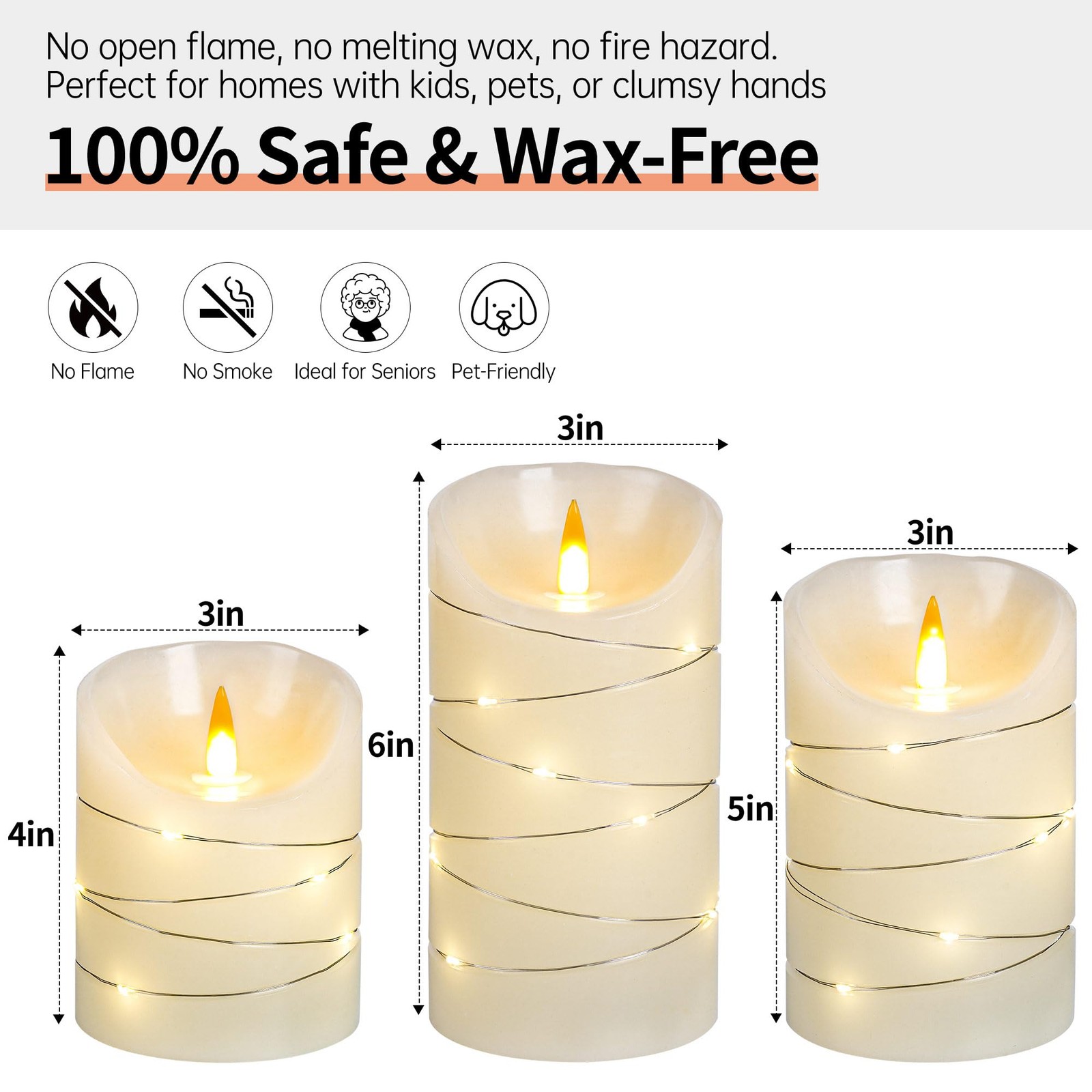 Rechargeable LED Candles, Real Wax, 4 5 6 in, Ivory, 3 Pack | USB Rechargeabl…