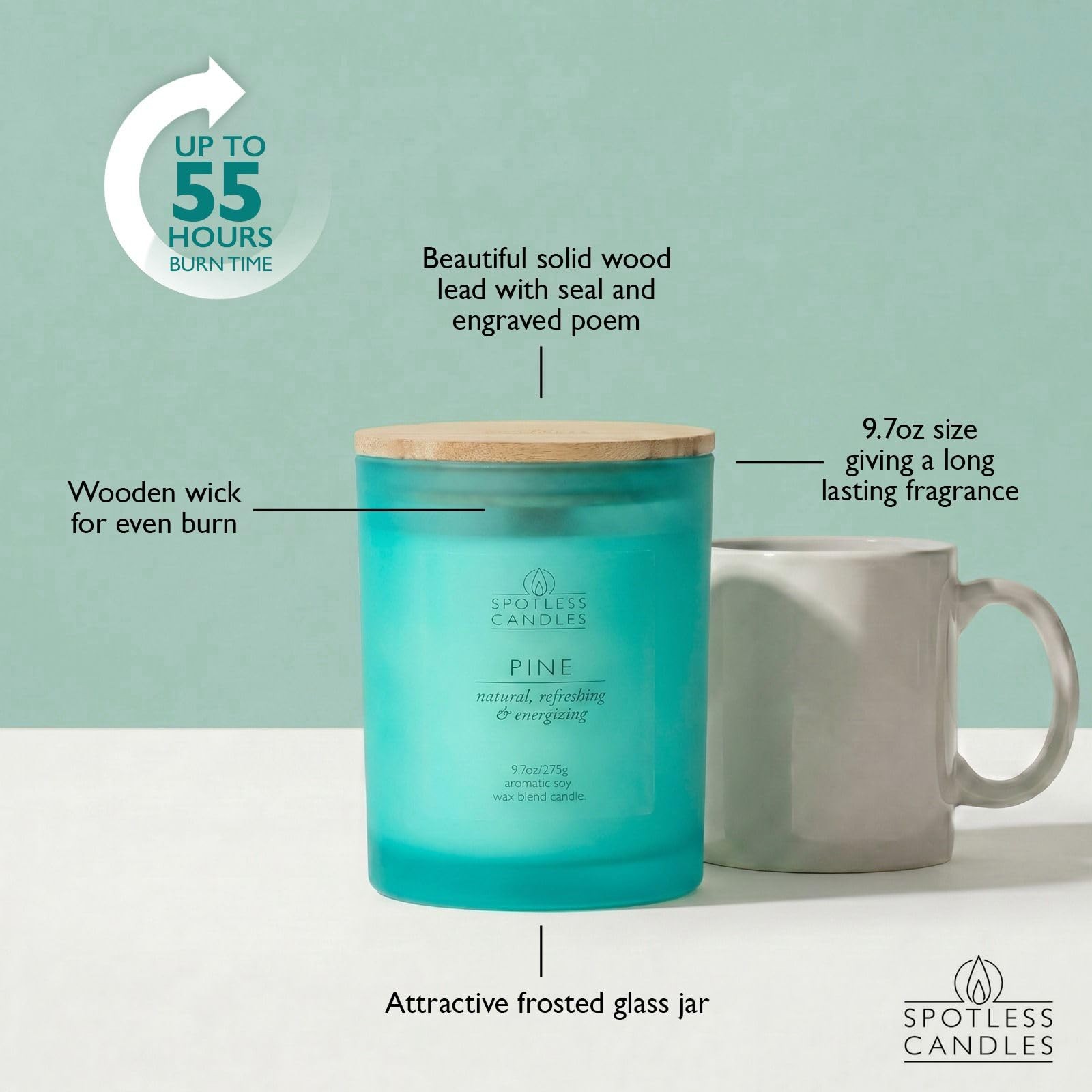 Pine Candle; 9.7 oz: 55 Hrs Burn Time, Soy Wax Teal Frosted Jar with Cracklin…