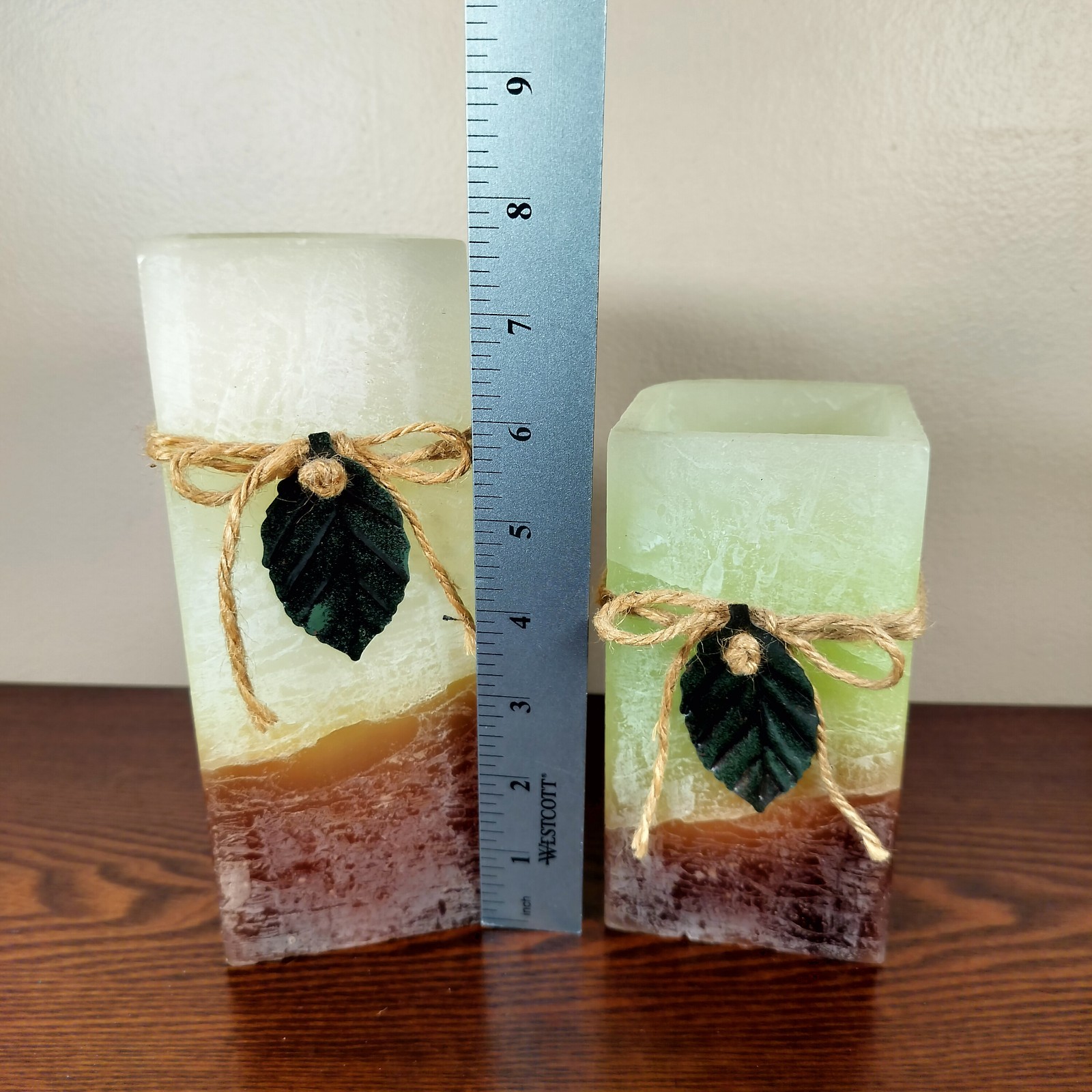 Flameless Candle Set of 2 Leaf Accent 7.5in & 6in Brown Green Cream Battery