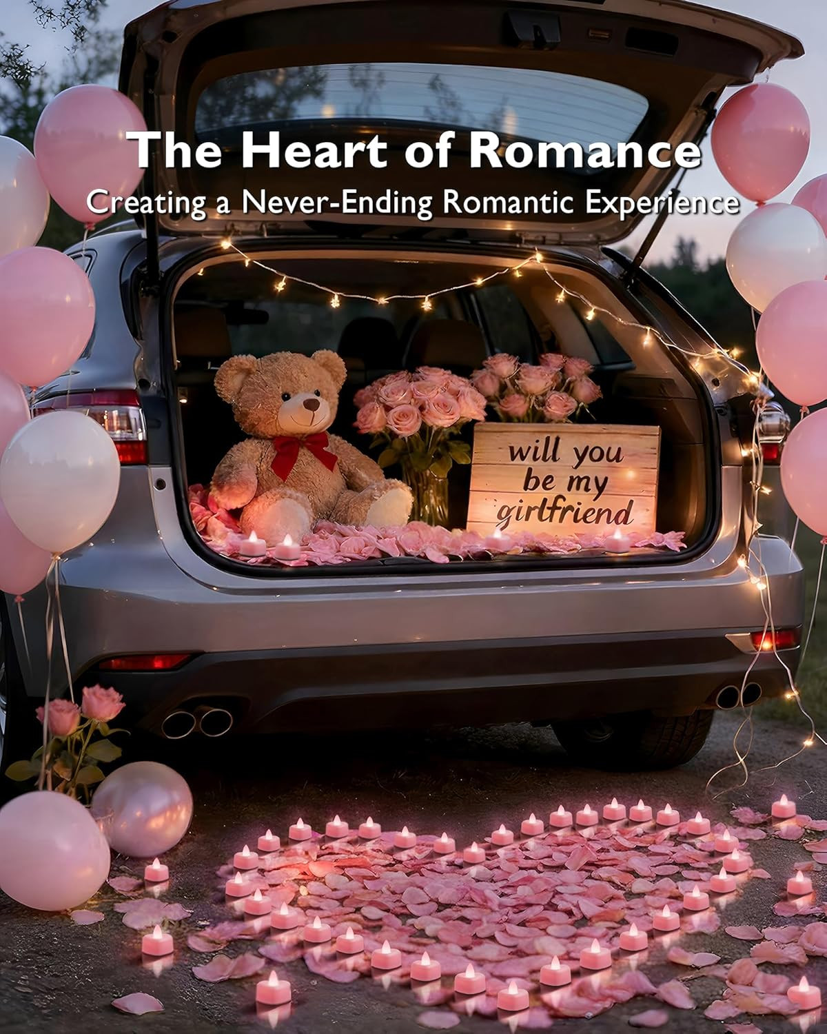 1000 Pieces Pink Artificial Rose Petals with 12 Pink Heart LED Tea