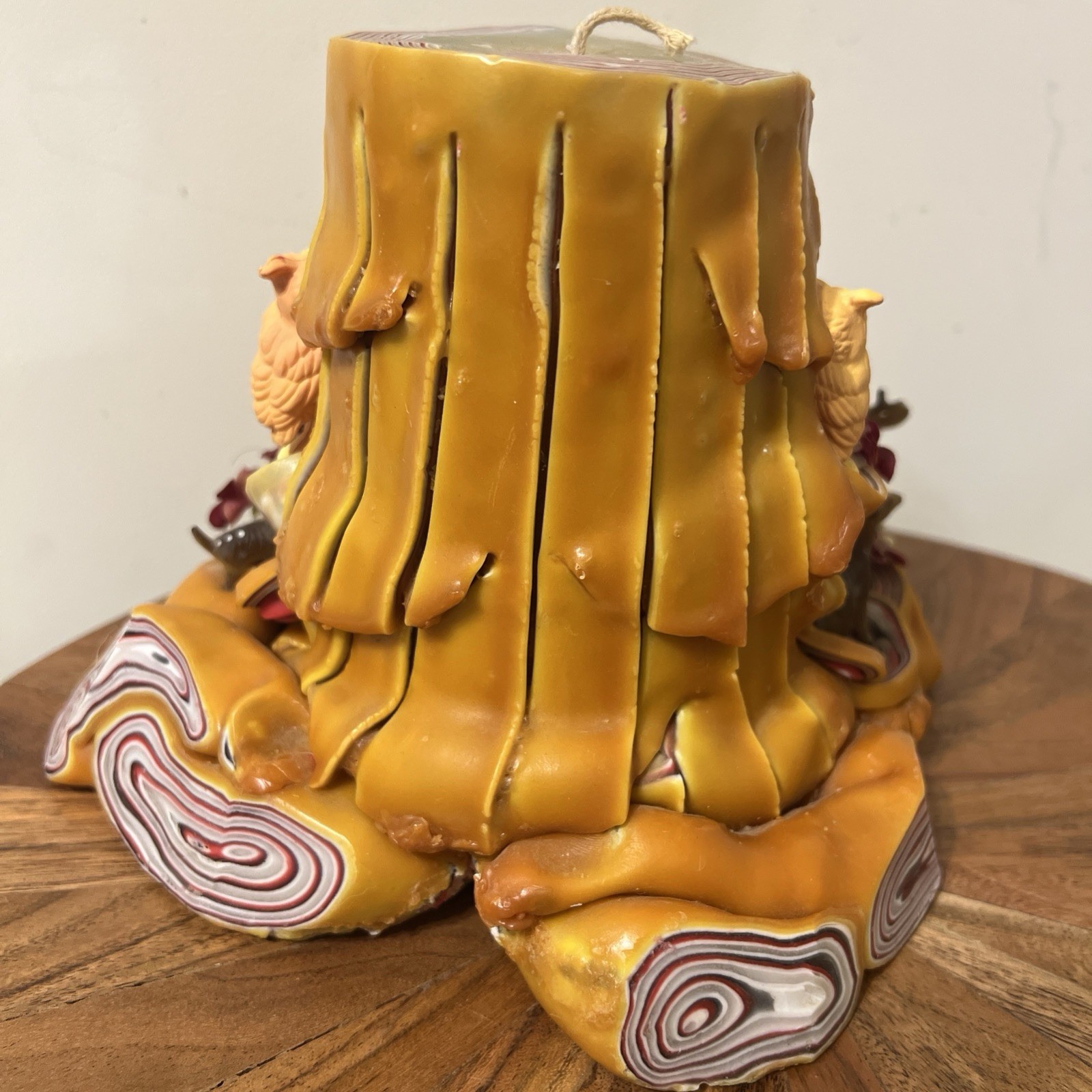 Vintage Candle Woodland Sculpted Tree Stump Elf Deer Owls Hand Carved Wax Art