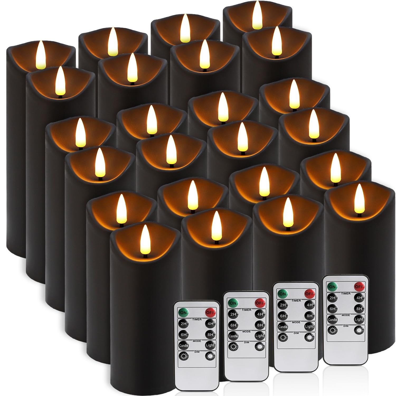 Set of 24 Flickering Black Flameless Candles, Battery Operated LED Pillar Can