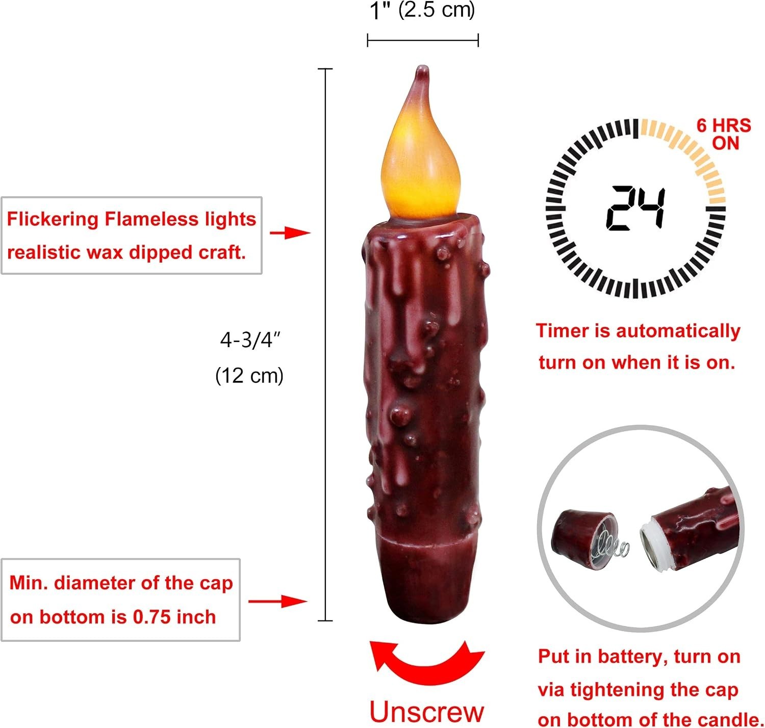 Real Wax Hand Dipped Battery Operated LED Timer Taper Candles Country Primiti…