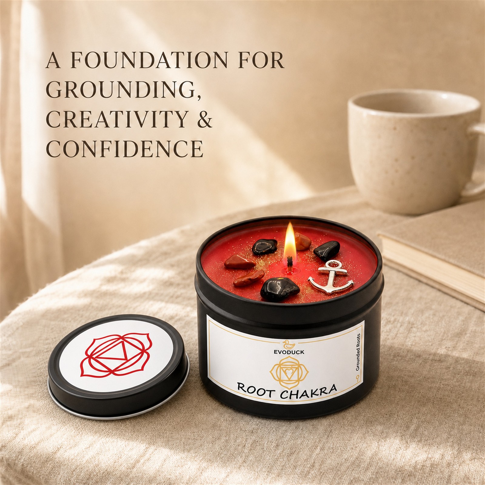 3-Piece EVODUCK Lower Chakra Healing Candle Set, Crystals, Balance Chakras