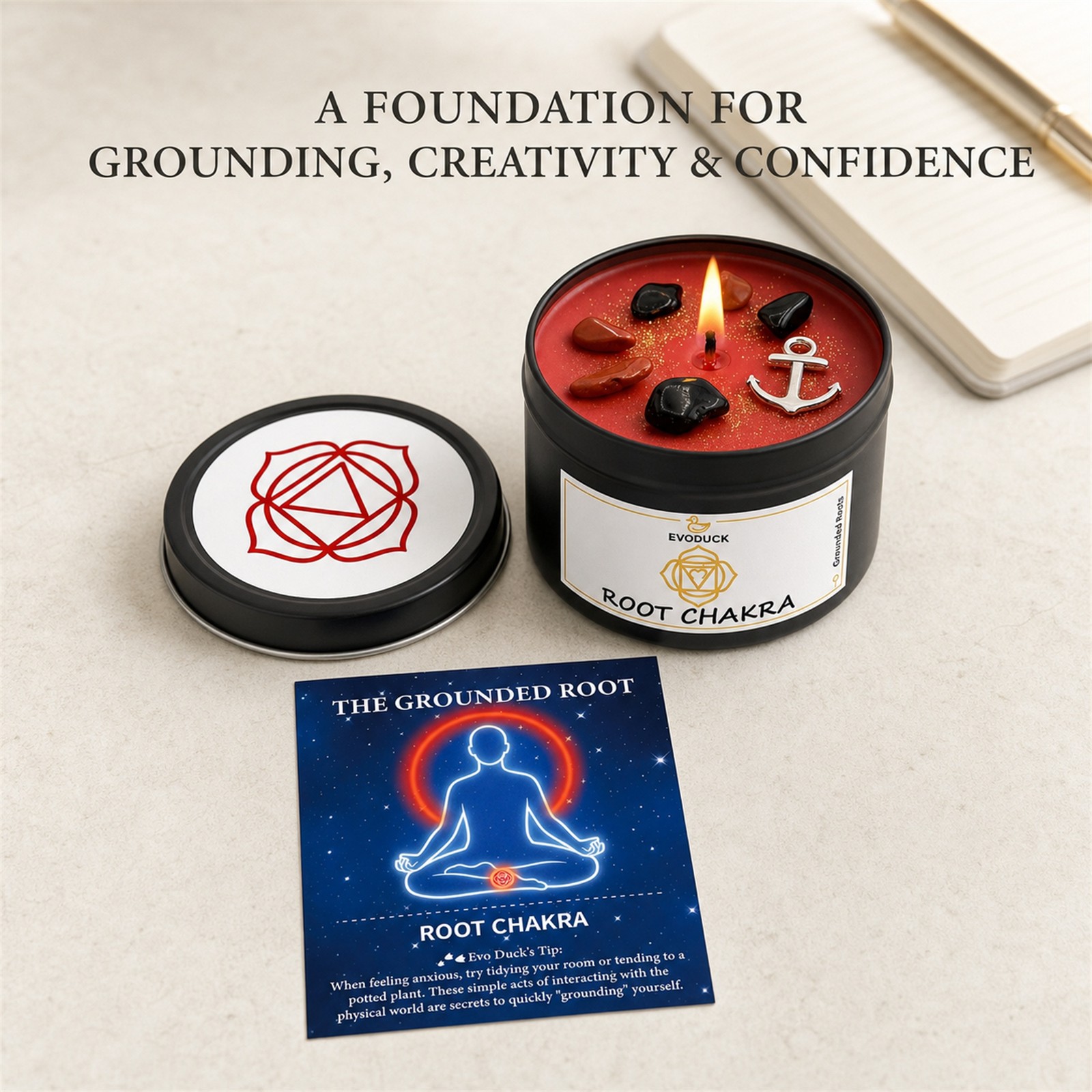 3-Piece EVODUCK Lower Chakra Healing Candle Set, Crystals, Balance Chakras