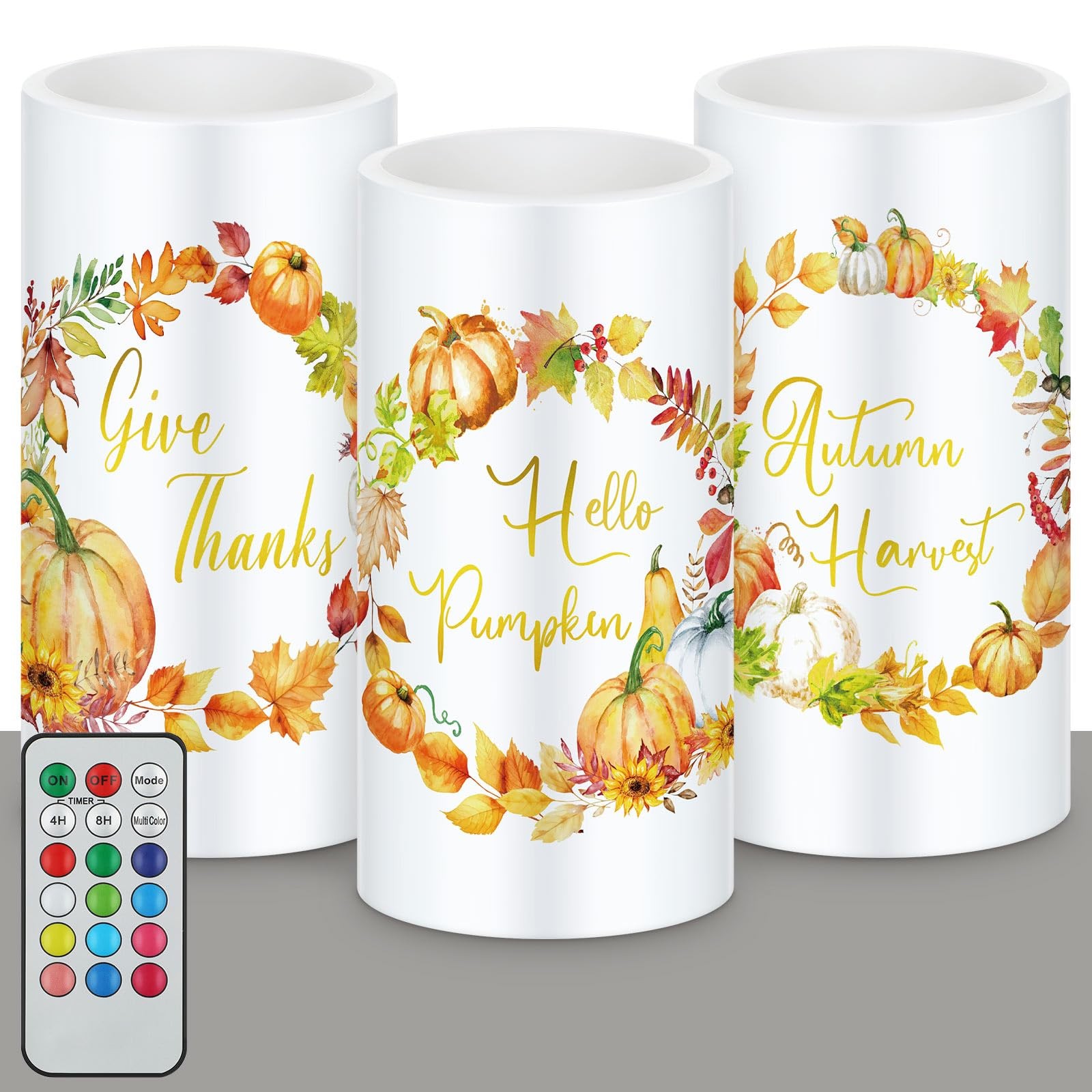 3 Pcs Fall Flameless Candles Pumpkin Wreath Flameless LED Candles for Bedroom…