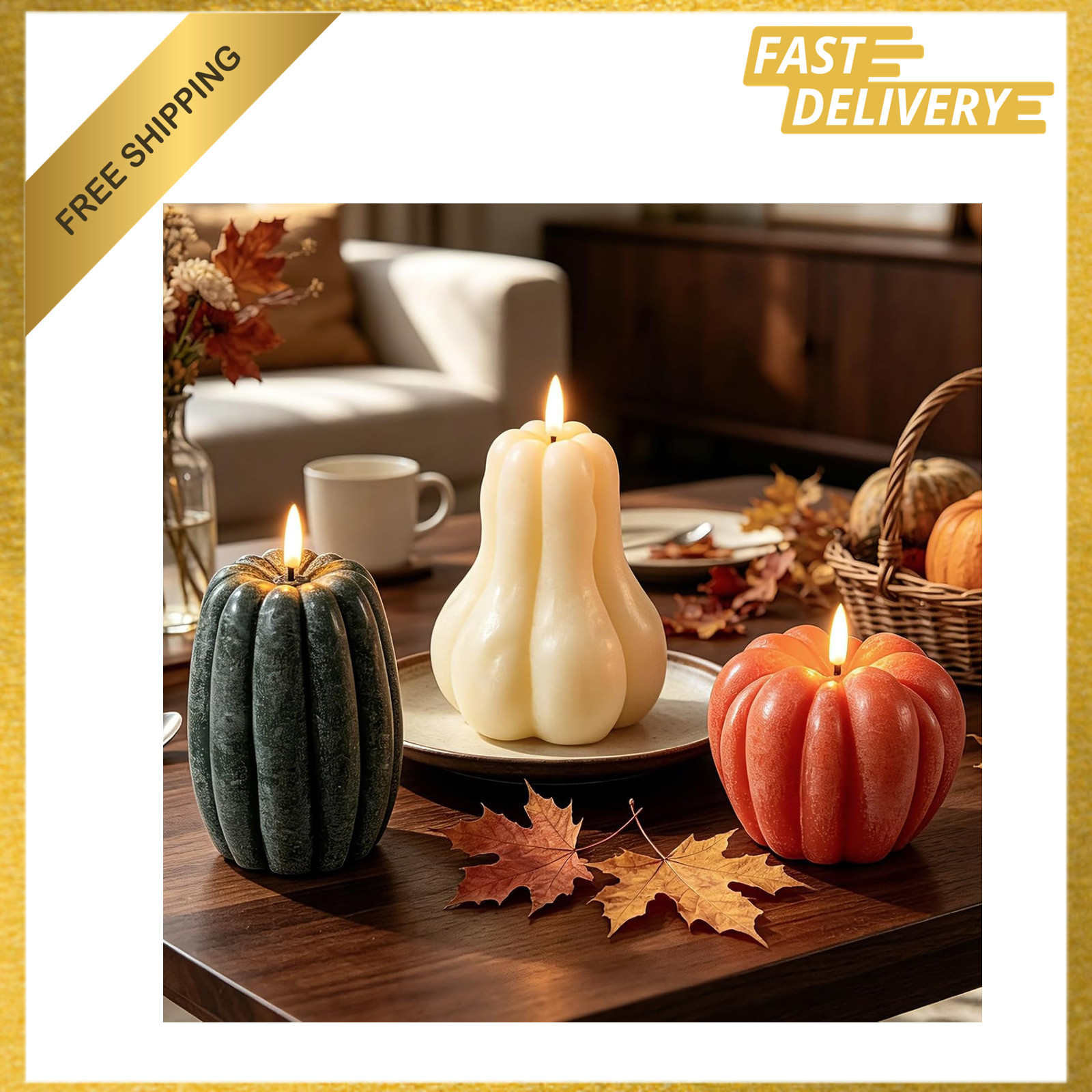 3 Pcs Fall Pumpkin Flameless Candles LED Battery Operated with Remote Real Wax