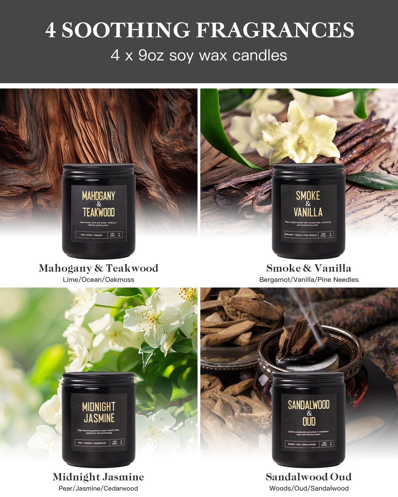 Men’s Candle Gift Set, 4 Pack Crackling Wood Wick Soy Scented Candles, 36oz M