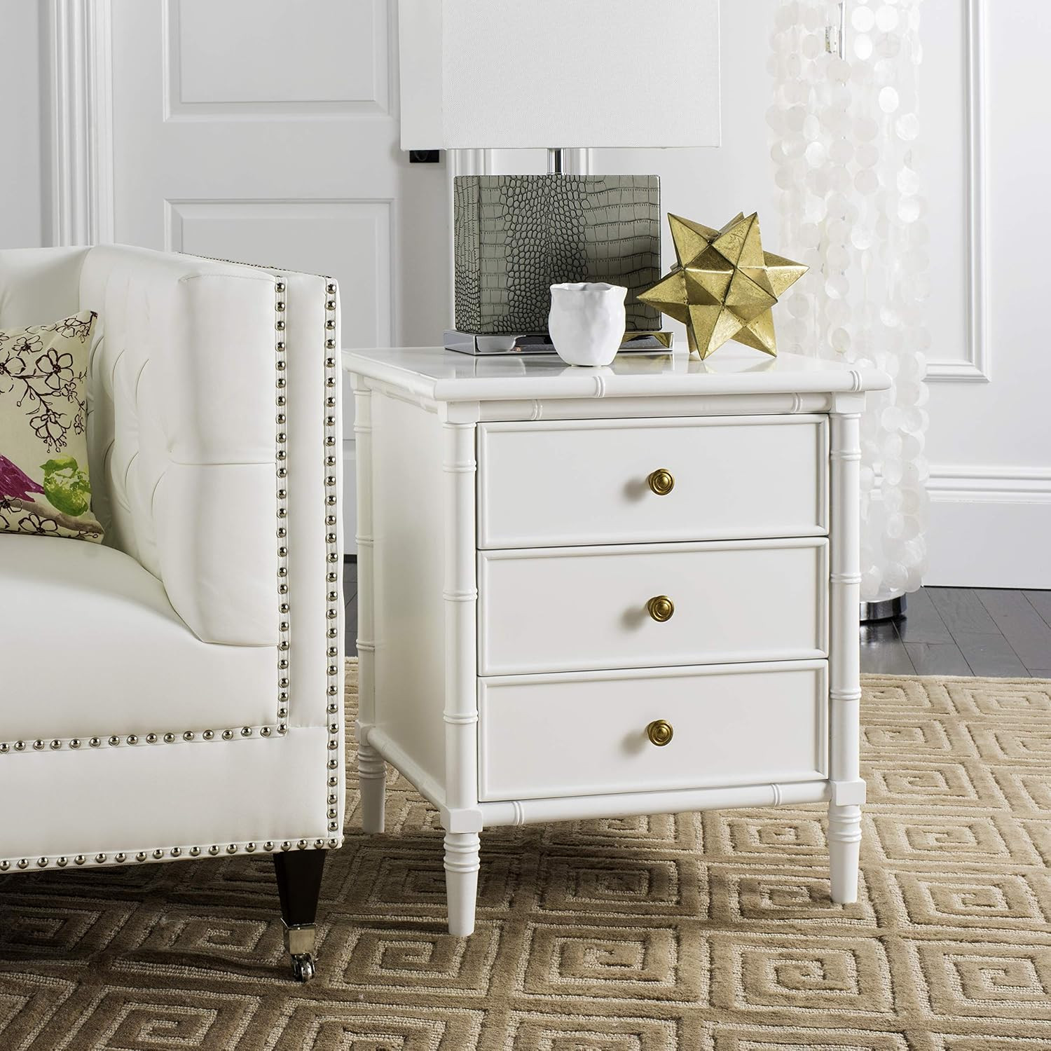 Mina Modern Coastal Bamboo Nightstand with 3 Drawers – 25″ White Finish