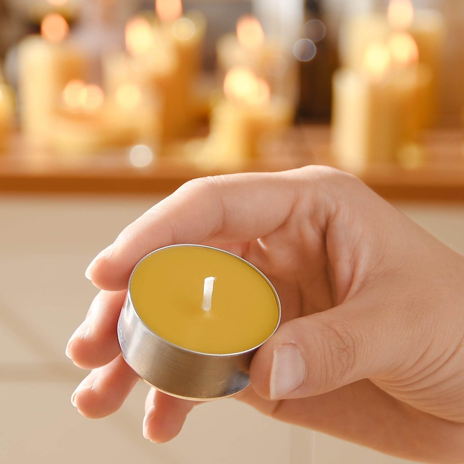 50Pack Pure Beeswax Tealight Candles in Aluminum Cups 45 Hour Burn Time, Lea…