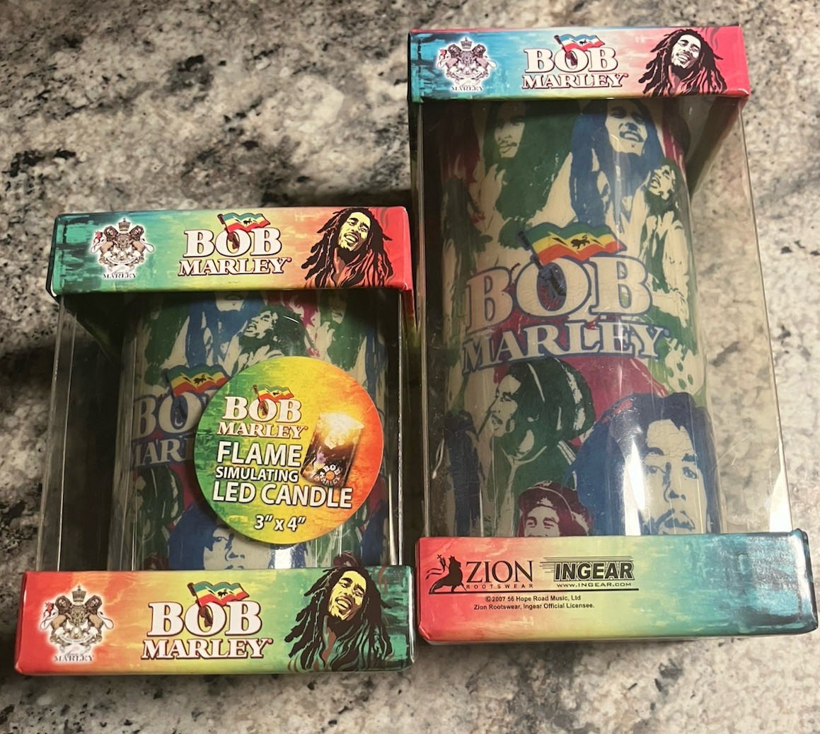 Set Of Two Battery Operated Flicker Flame Bob Marley Candles New