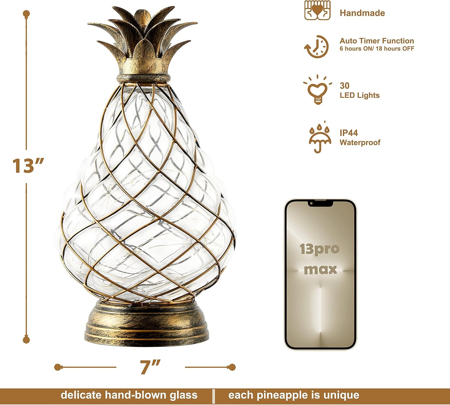 Extra Large Glass Pineapple Light 13 in Lantern Decorative,Ip44 Waterproof 6 Hou