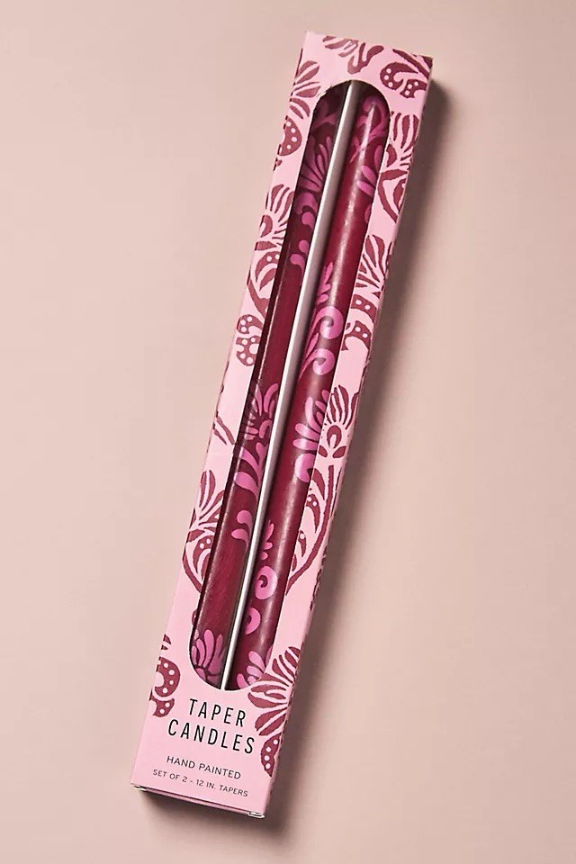 Anthropologie Leora Hand Painted Taper Candles Set Of 2 Purple Botanical NWT