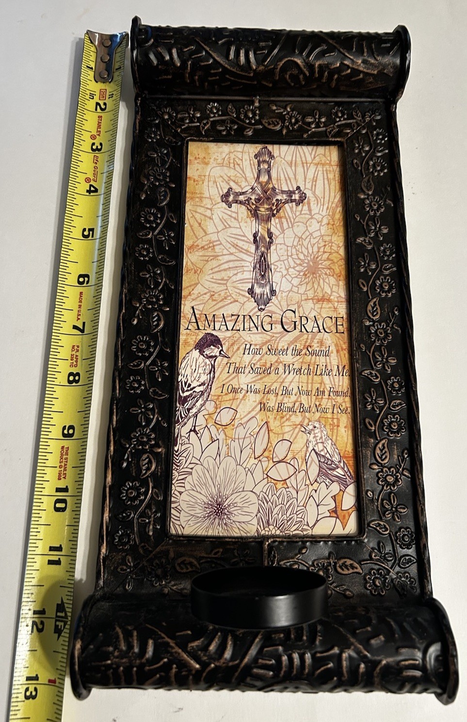 Amazing Grace Light Weight Metal Votive Wall Sconce 5 3/4”x 13” Birds Cross
