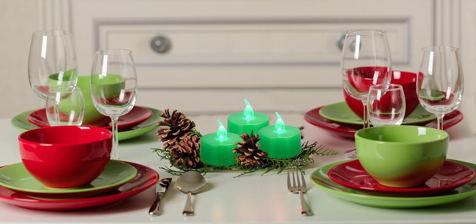 24 Pack Green Light Non-Flickering Flameless Tea Lights, Green Base, Last 100H+,
