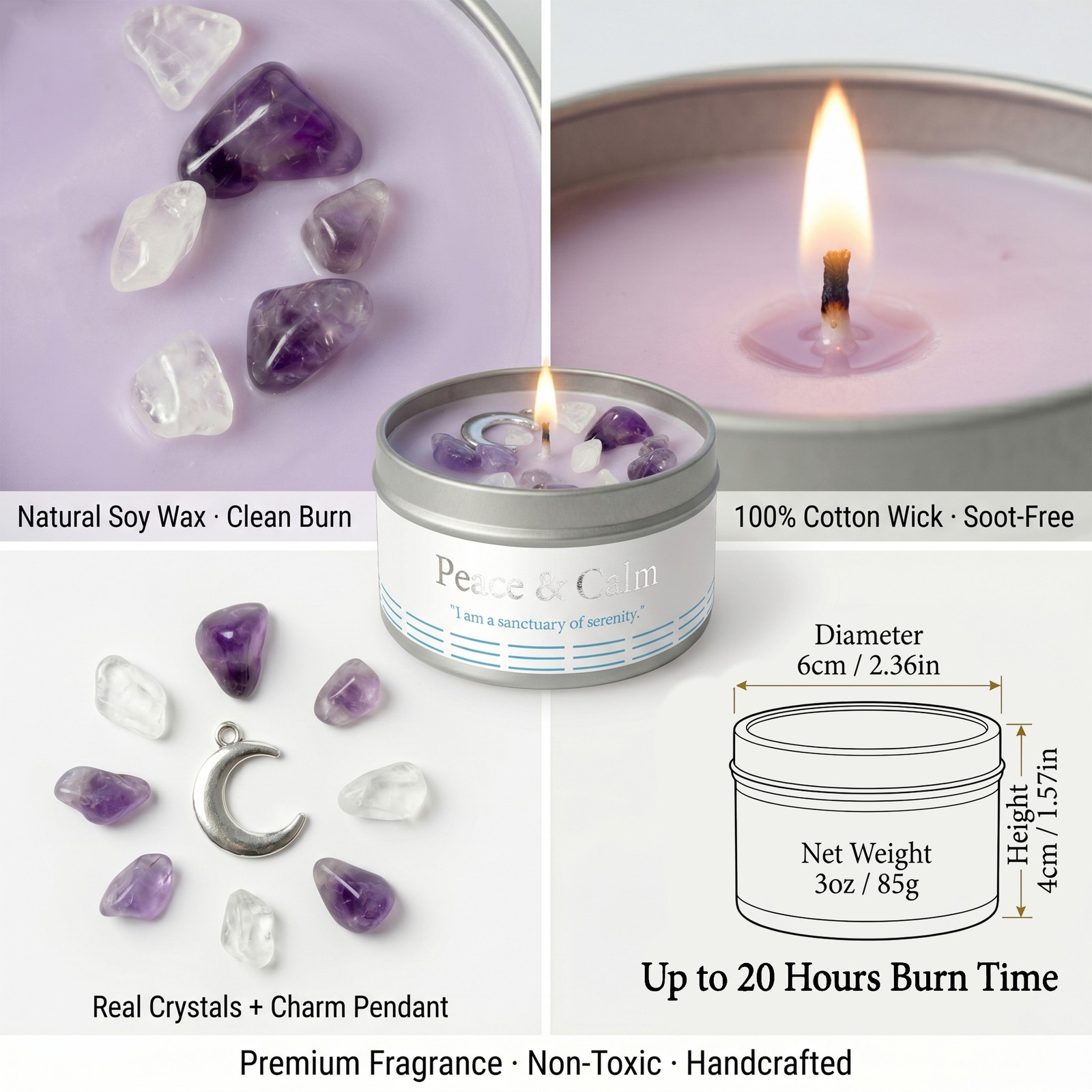 1 Pack EVODUCK Peace Crystal Candle Amethyst Stress Relief Meditation 3 oz