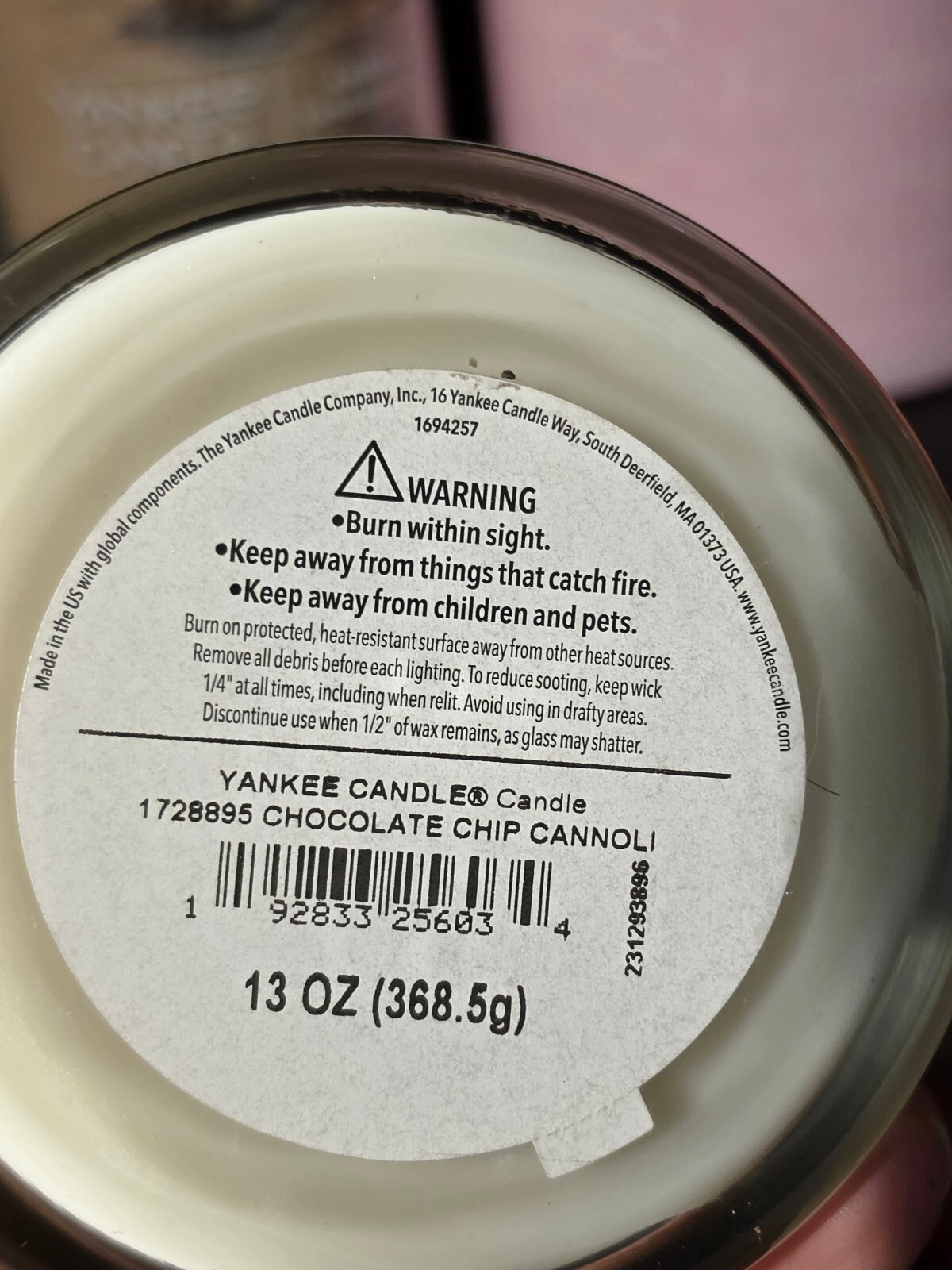 Yankee Candle Chocolate Chip Cannoli 13 oz Medium Jar 2-Wick New