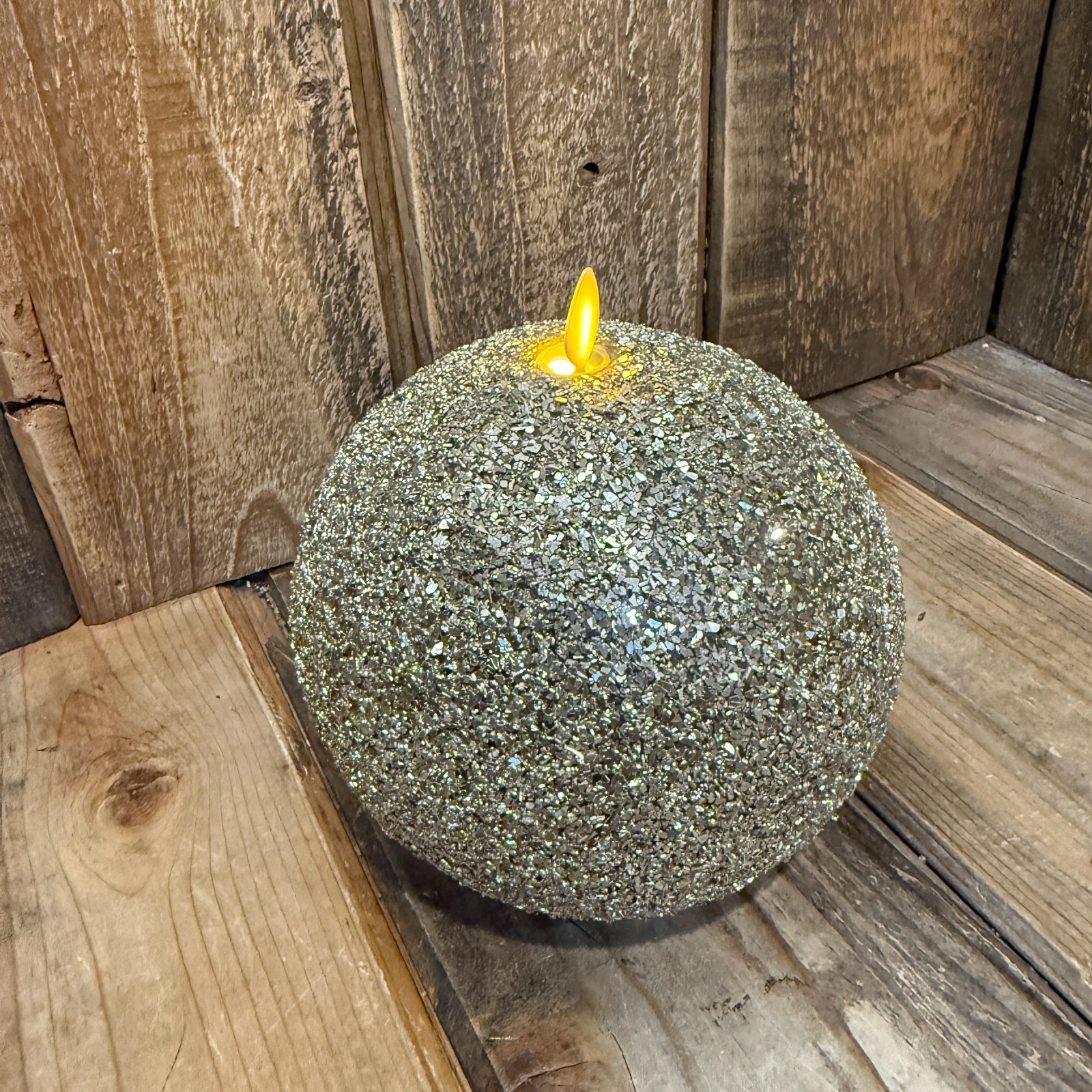 POTTERY BARN FLICKERING FLAMELESS CANDLE GOLD GLITTER ORNAMENT MED 5.5″ HOLIDAY