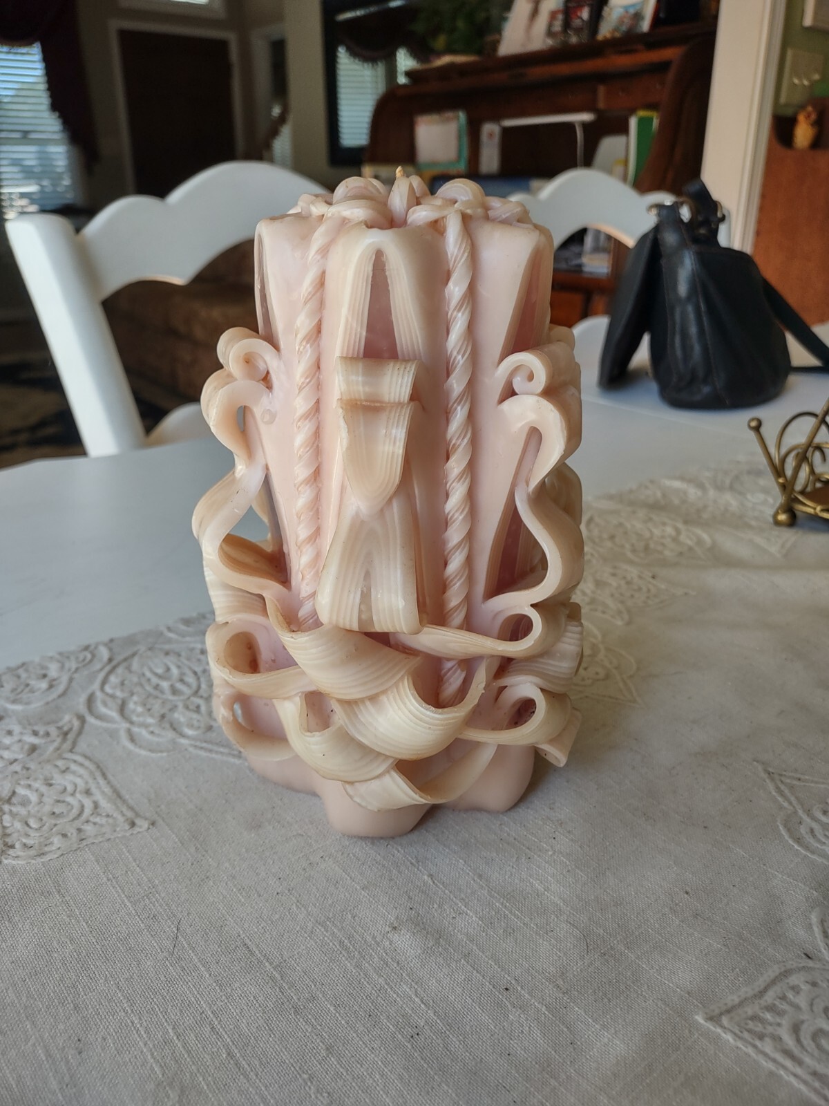 Carved Pillar Art Candle Blush Pink Home Decorative