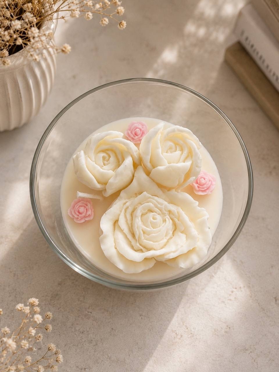 Handmade White Rose Soy Wax Candle in Glass – Floral Scented Candle