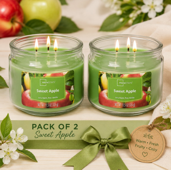 Pack of 2 Sweet Apple 3-Wick Scented Glass Jar Candles, Green, 11.5 oz Each…..
