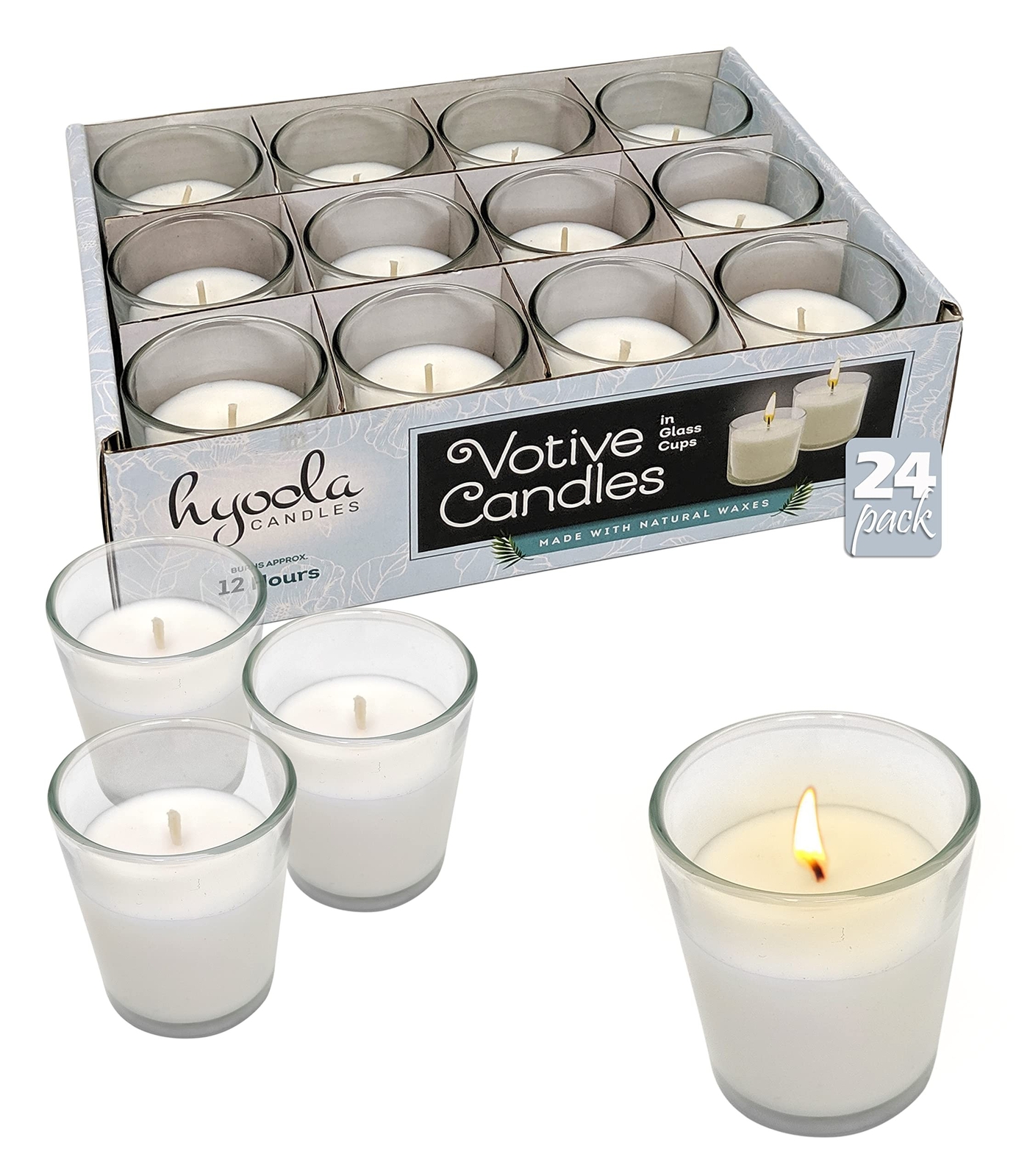 Hyoola White Votive Candles in Glass – Pack of 24 – 12 Hour Burn Time – Unsce…