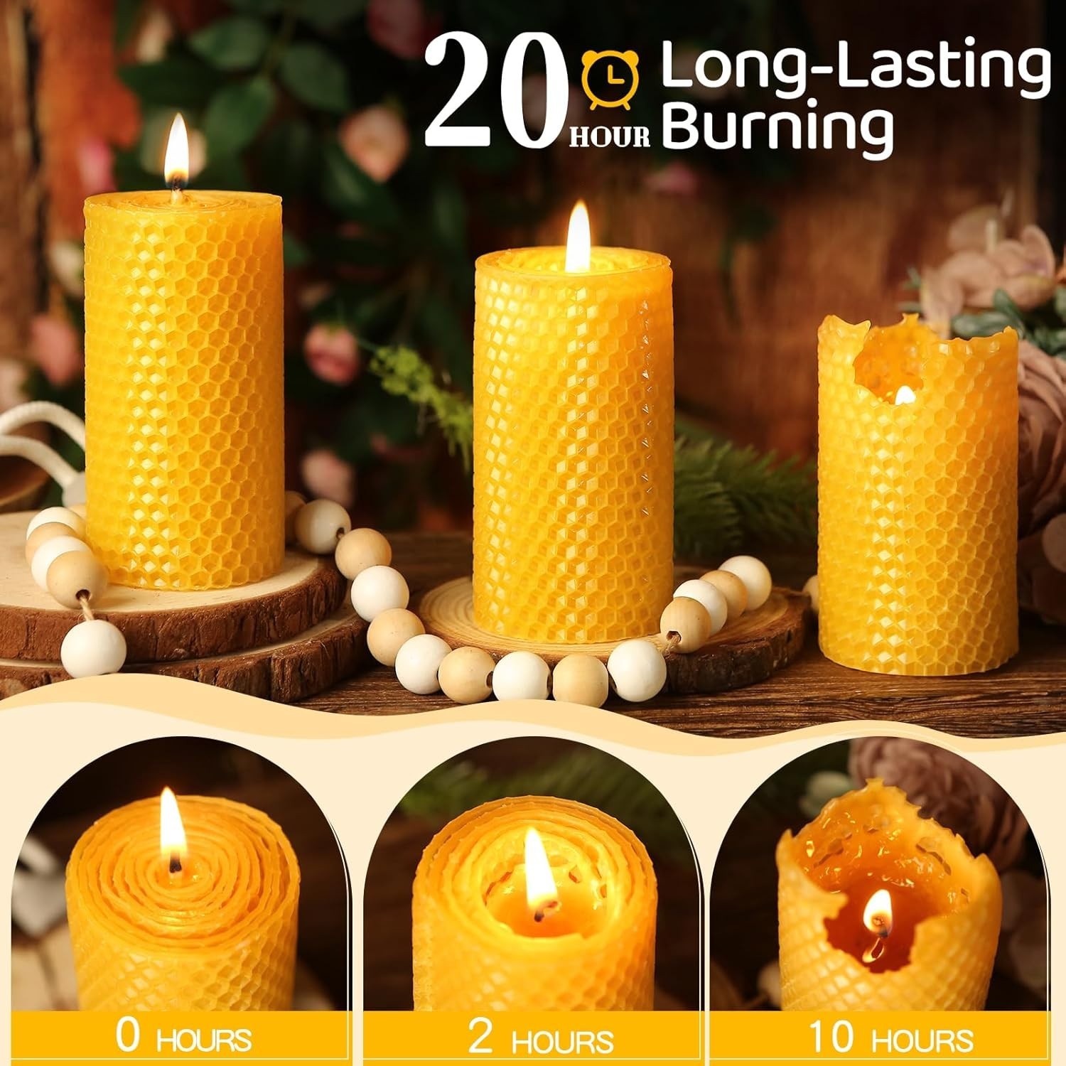 6-Pack Handmade Beeswax Pillar Candles – 120 Hours Dripless & Smokeless