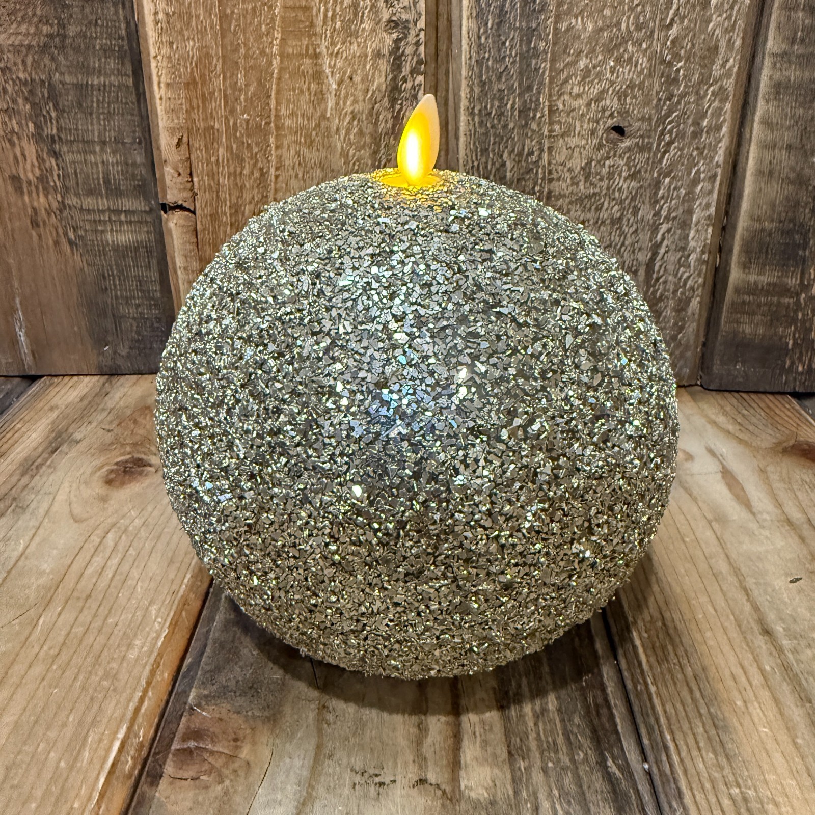 POTTERY BARN FLICKERING FLAMELESS CANDLE GOLD GLITTER ORNAMENT MED 5.5″ HOLIDAY