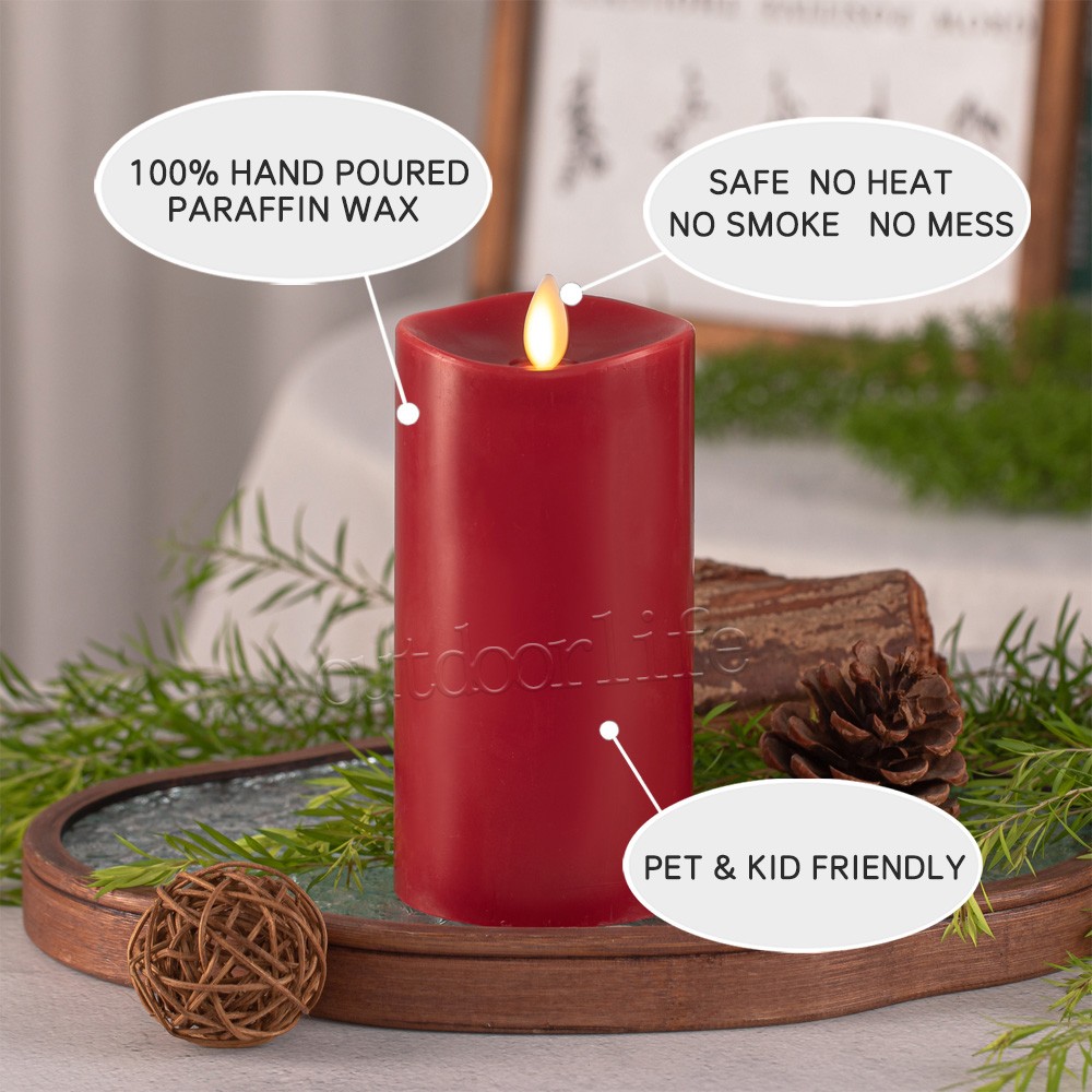 Luminara Flameless Wax Pillar Candles with Moving Wick Remote Burgundy 3″Dx5.5″H