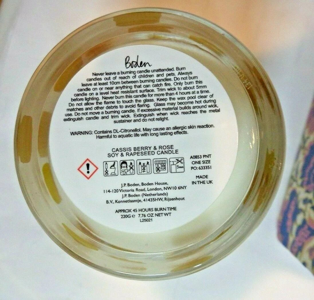 Boden Cassis Berry & Rose Soy & Rapeseed Candle Eco Friendly Luxury Scented New