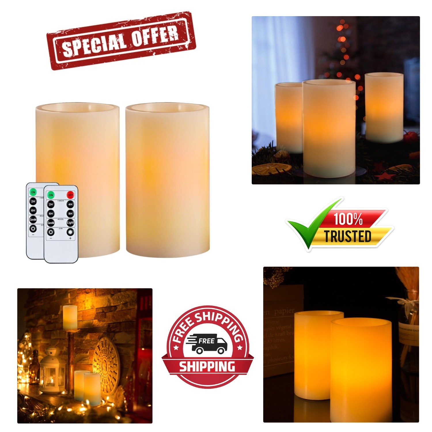 Amber Yellow Flickering Flameless Candles – Dimmable & Timer-Enabled Set of 2