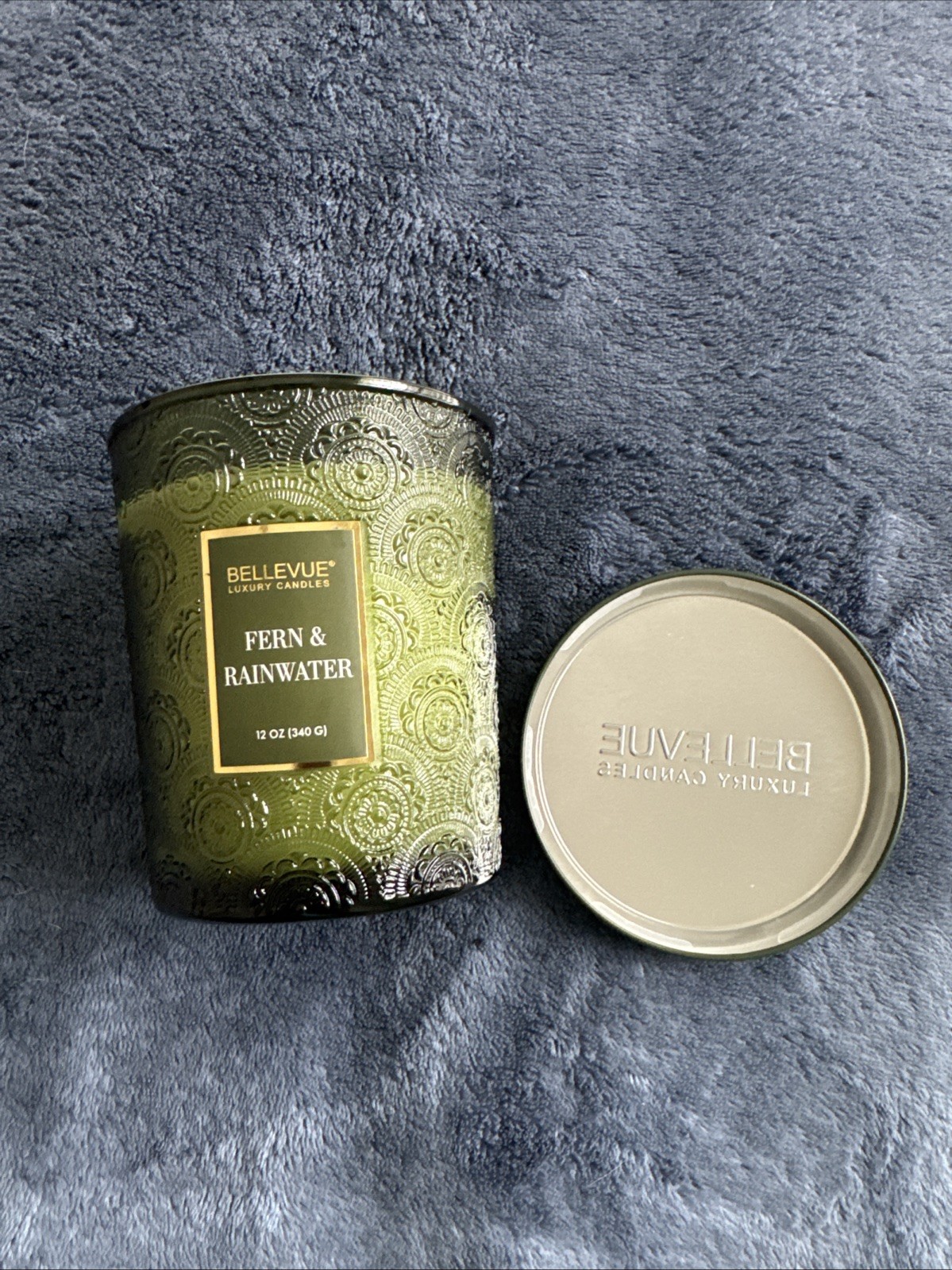 NEWBellevue Candle Forest Fern & Rainwater Embossed Green Soy Wick 12 Oz