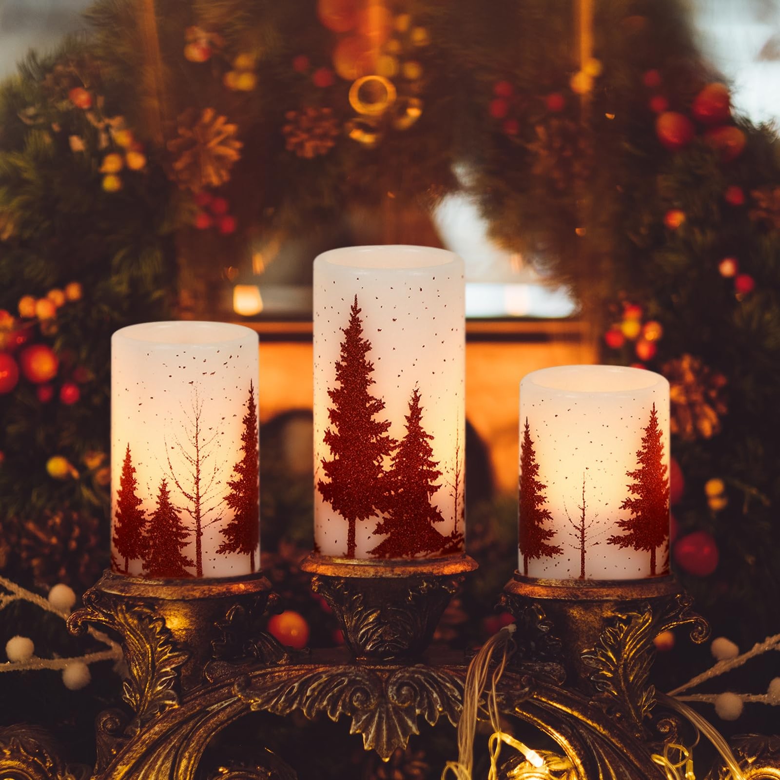 Flameless Candles 3 Pack 3×4/5/6 Inches Red Christmas Tree Decal – 6 Hour Timer