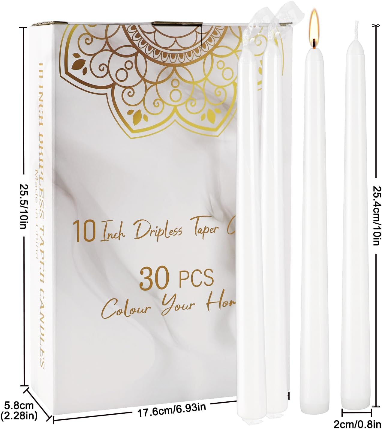 30 Pack of 10 Inch White Unscented Taper Candles-8 Hour Long Burning Dripless