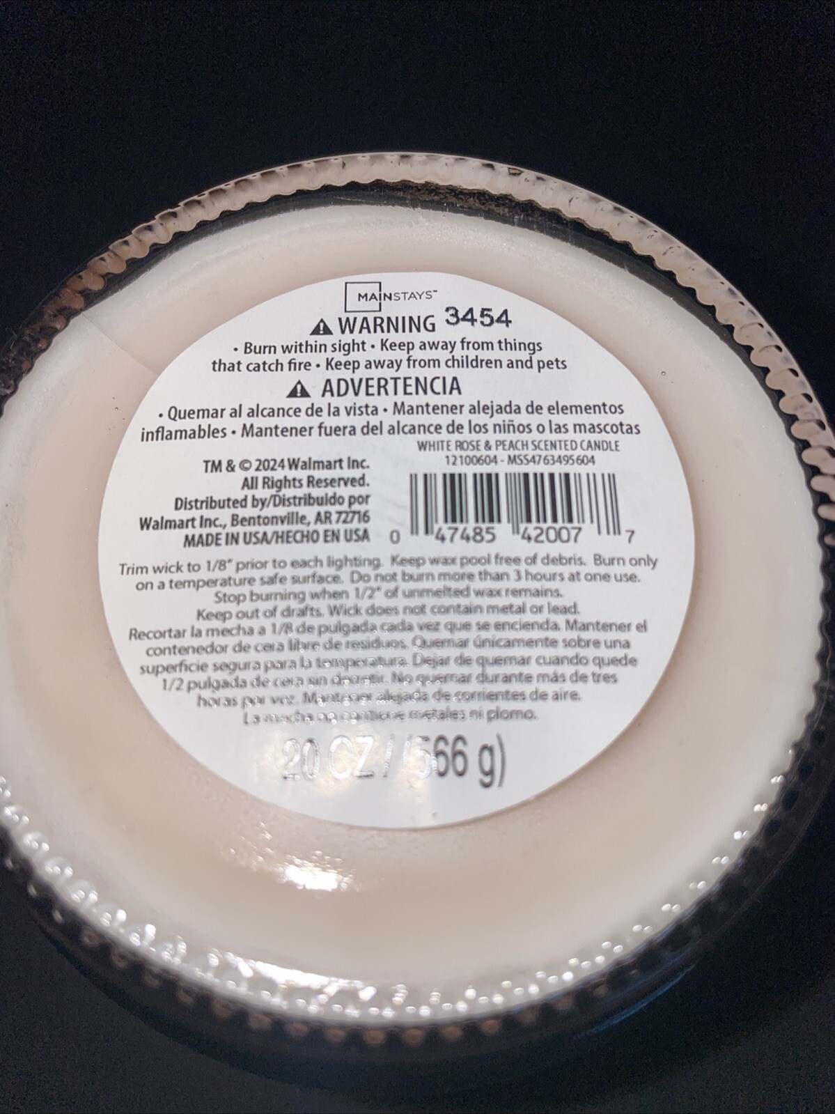 Mainstays WHITE ROSE & PEACH 20 oz. Jar Candle