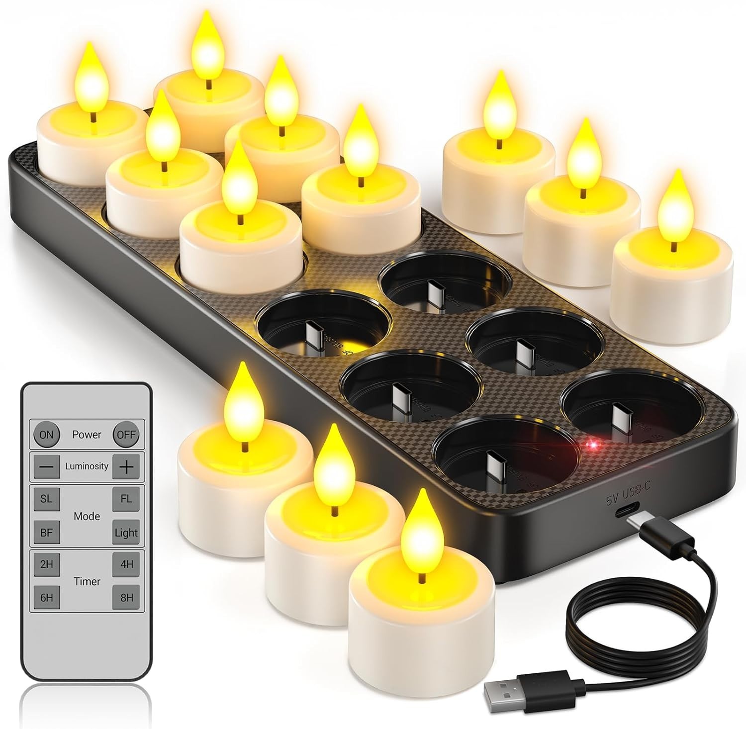 Yme Rechargeable Tea Lights with Remote & Charging Base, 12 Pack Flameless Candl