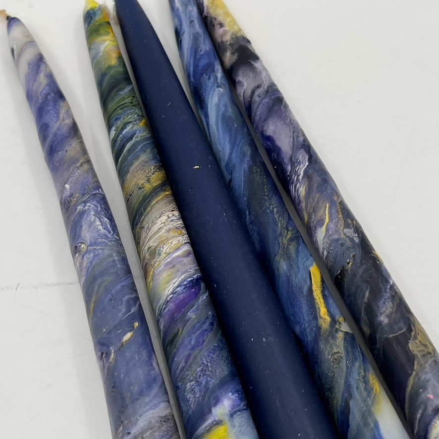 Vintage Mid-Century MCM Set of 5 11.5” Taper Candles Purple Gold Swirl “Tie Dye”